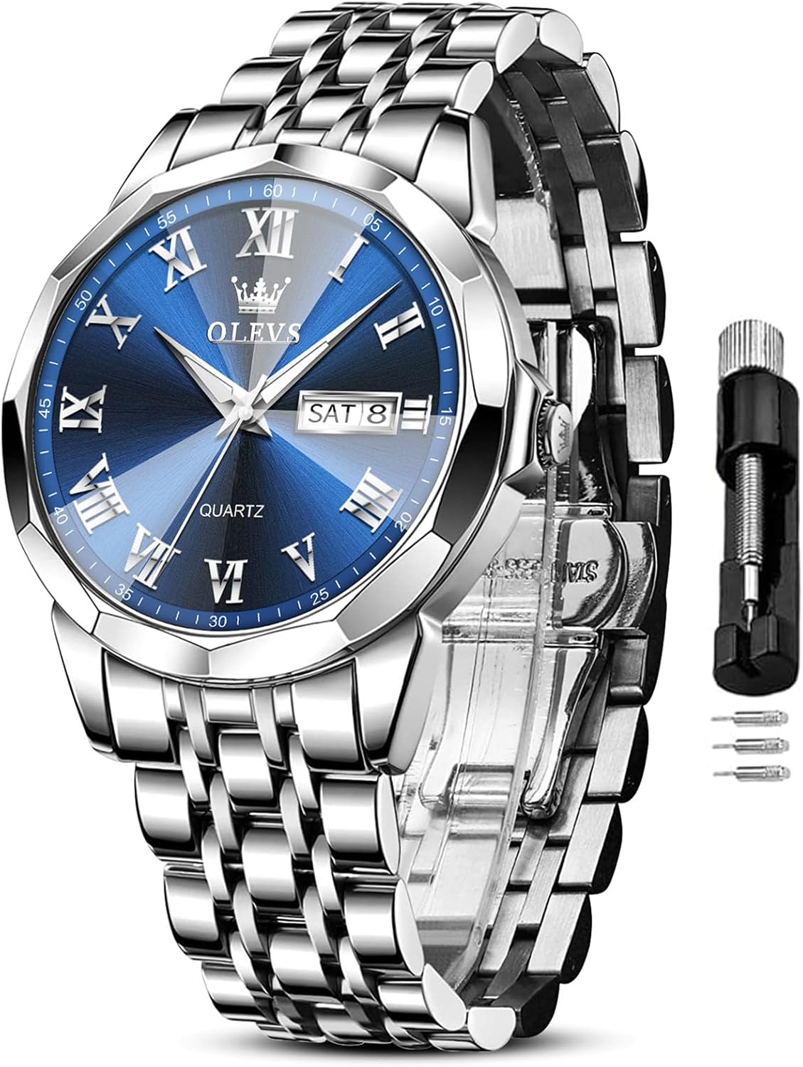 OLEVS Mens Silver Watches Luxury Waterproof Silver Watch for Men Analog Quartz Stainless Steel Men's Dress Watches Classic Casual Wrist Watch Large Face with Date Relojes para Hombres