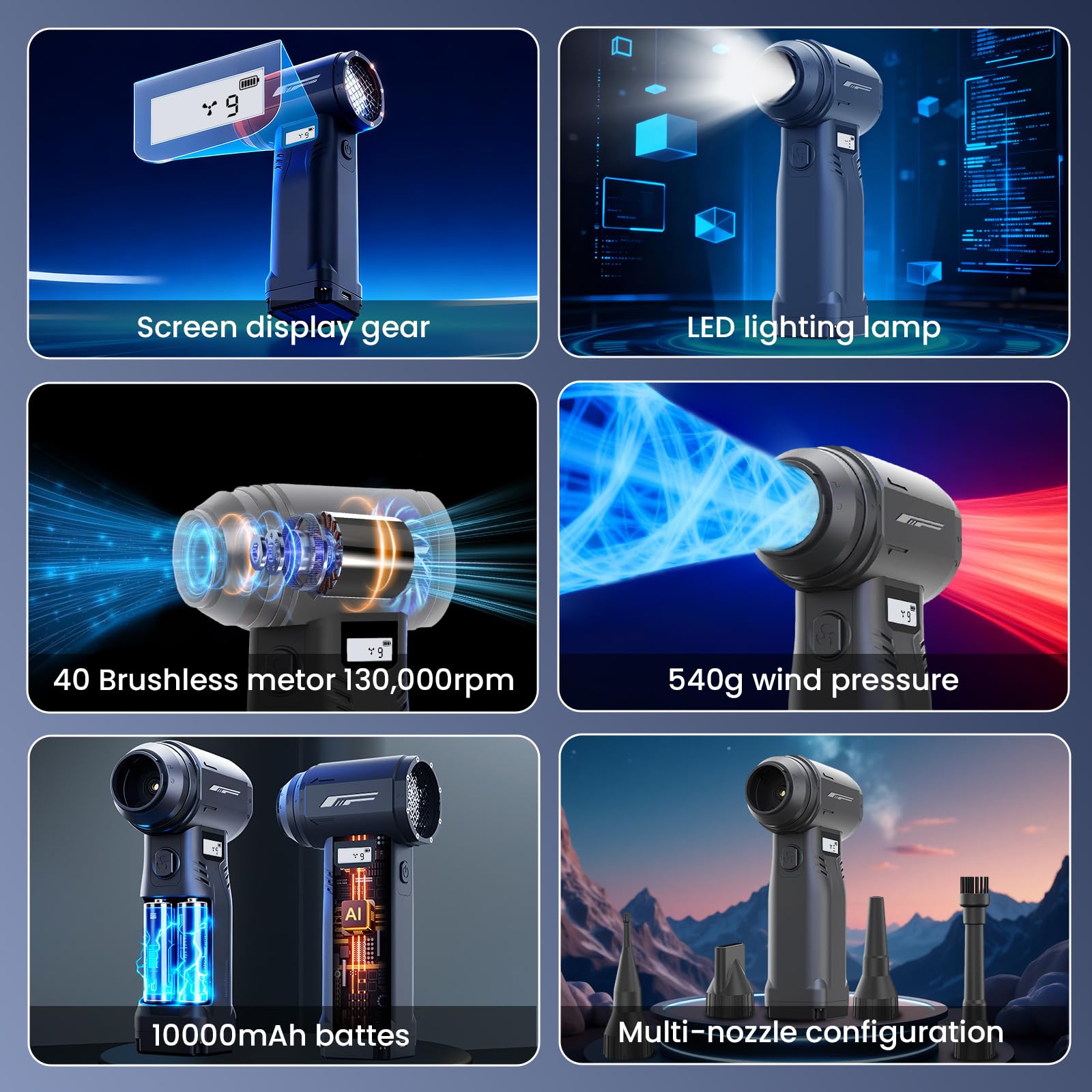 Elektrische Staubgebläse,9-Gang/400W Electric Air Duster 130000 U/min,540g Winddruck,mit LED-Licht&HD-Display, Typ-C Wiederaufladbare,für die Staubentfernung an Computern, im Haushalt, an Fahrzeugen