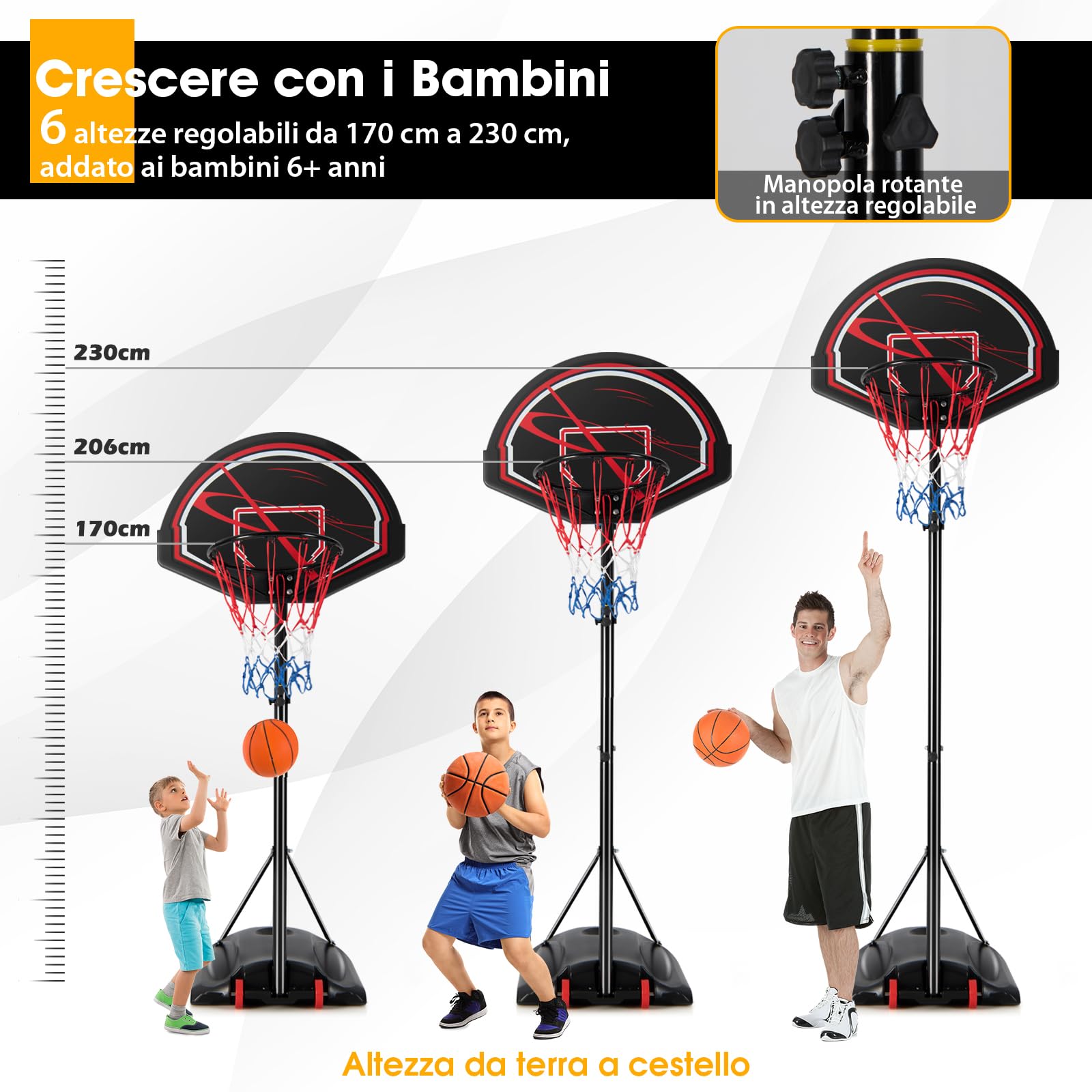 Canestro Da Basket Regolabile COSTWAY - Per Interno Ed Esterno, Altezza 180-305 Cm, Base Riempibile Con Sabbia/Acqua