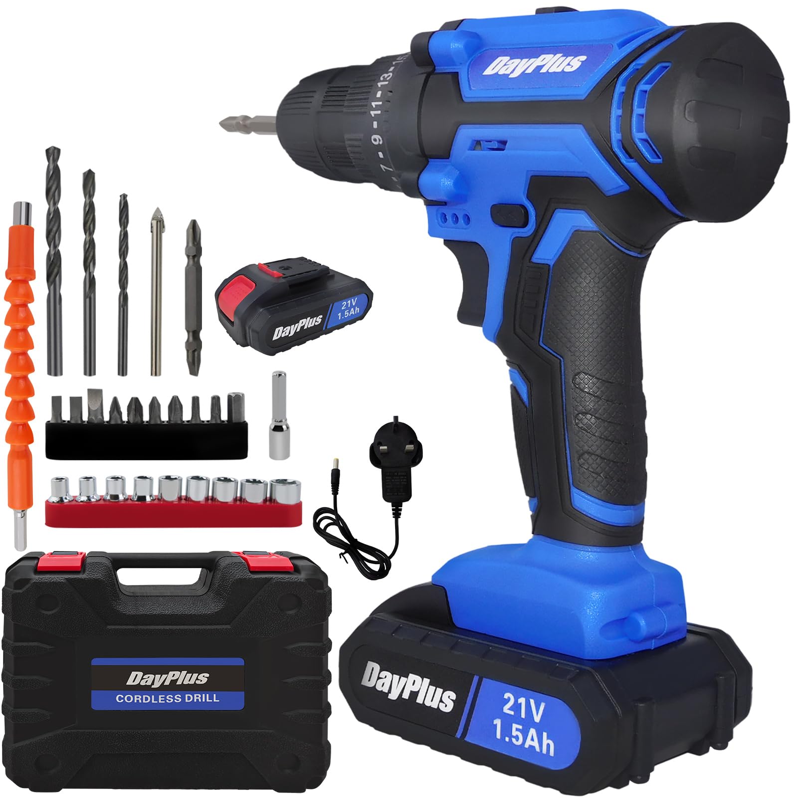 Combi Drill, Cordless Drill Driver, 21V Electric Screwdriver with 1500mAh Battery, Quick Charger, 45Nm Max Electric Drill, 25+1 Torque, 3/8" Chuck, 2 Speed, LED Light, 26 pcs Drill and Screwdriver Bit