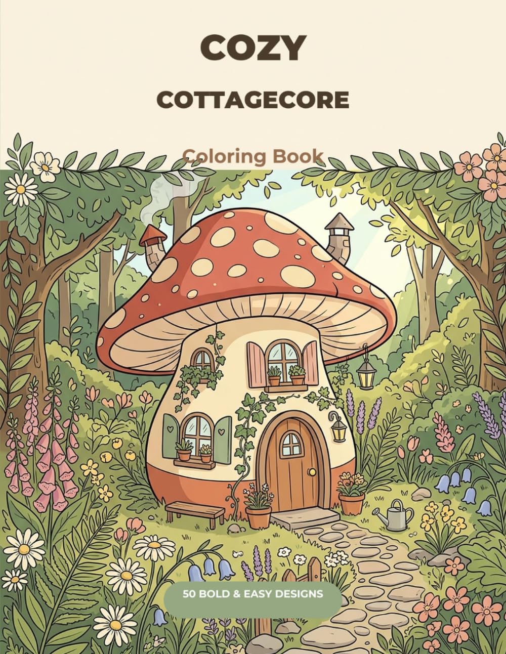 Cozy Cottagecore Coloring Book: 50 Bold & Easy Designs of Enchanted Mushroom Cottages, Wildflower Gardens, Cozy Interiors & Charming Cottage Life — ... Pages for Adults, Teens & Beginners