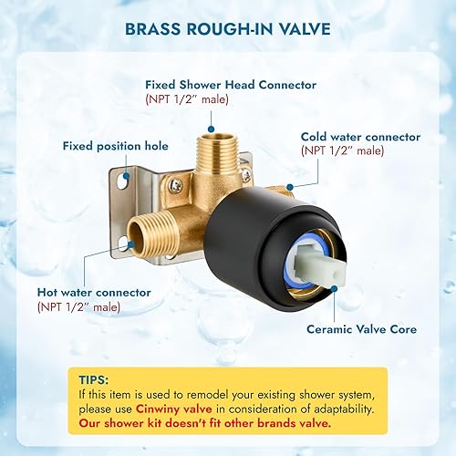Miniatura 2 de Cinwiny Sistema de ducha de baño montado en la pared con válvula de equilibrio de presión, juego de grifo de ducha negro mate, 5 modos, cabezal de