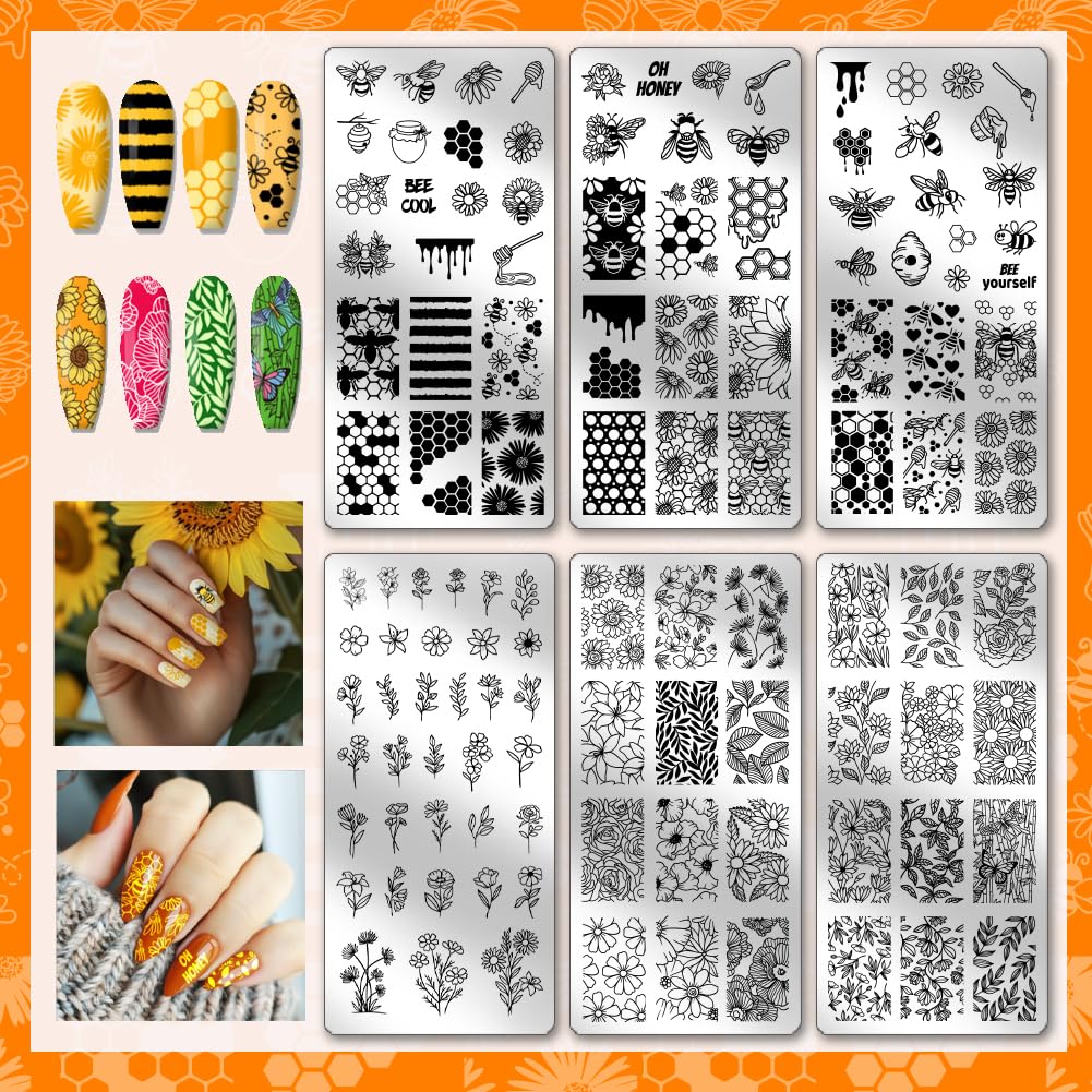 PH PandaHall 6pcs Bee Flower Nail Stamping Plates Honeycomb Theme Nails Art Designs Floral Leaves Manicure Art Stencil Sunflower Daisy Nail Design Template Nail Image Plate for Women Manicures Salon - Image 3
