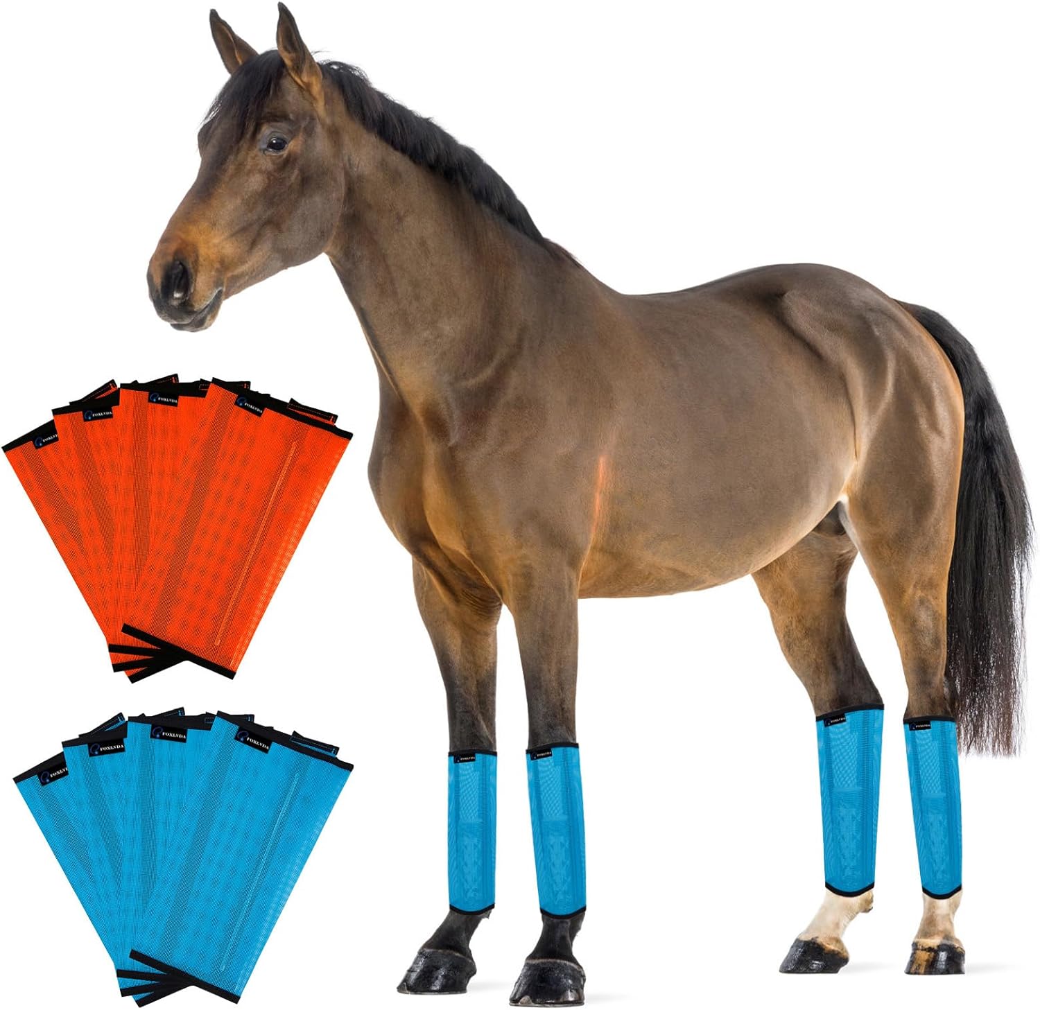 FOXLVDA Horse Fly Boots - Fly Boots for Horses Set of 8, Comfortable Horse Leggings, Mesh Material Design with Metal Support Bars for Reduces Stomping & Leg Fatigue (Blue-Orange, Large) Blue-Orange Large (For average horses)