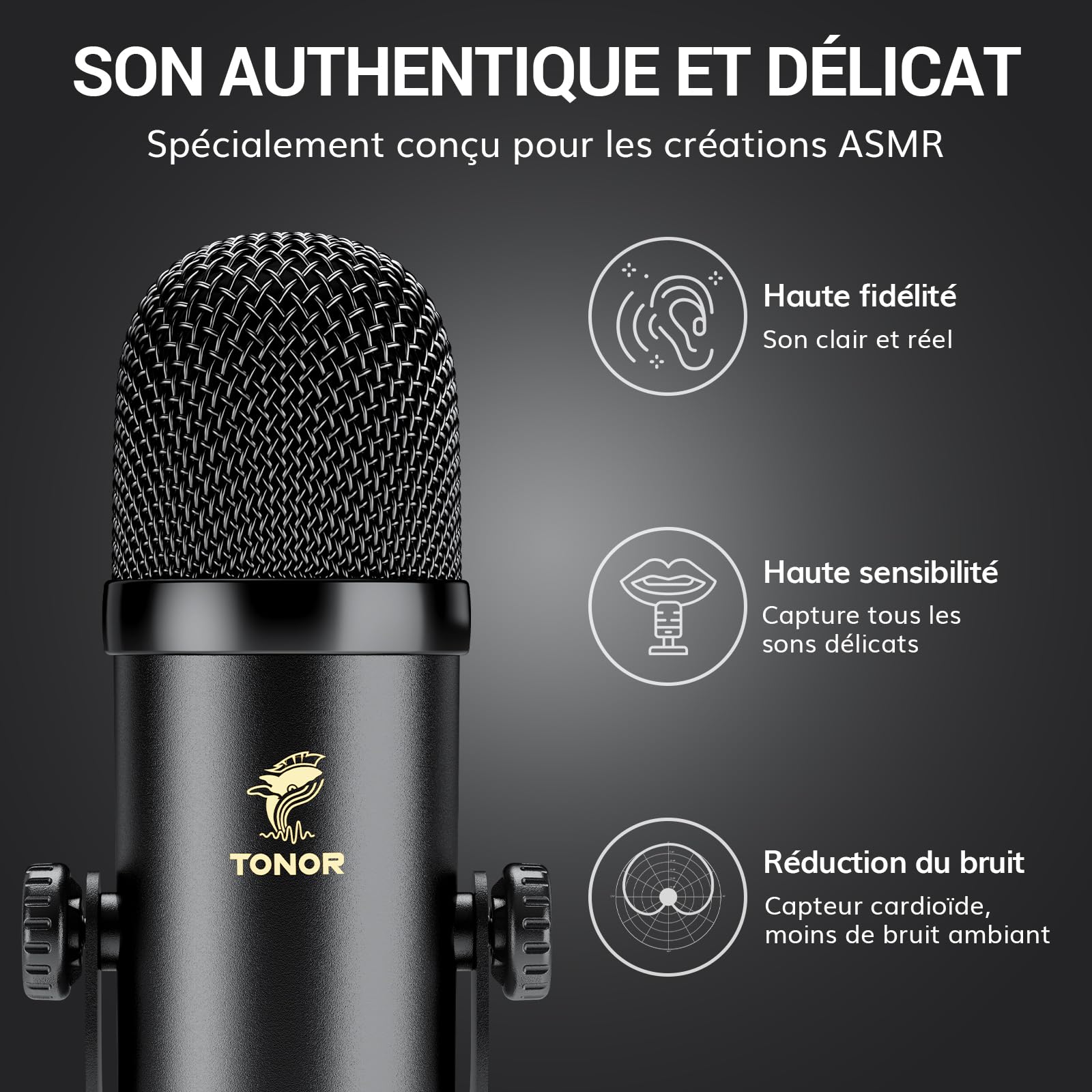 TONOR Ensemble D'équipements Micro ASMR, Microphone à Double Condensateur avec Interface Audio, Audio 3D Immersif, Son Clair, Contrôle du Volume, Kit pour ASMR, Podcast, Enregistrement, Noir