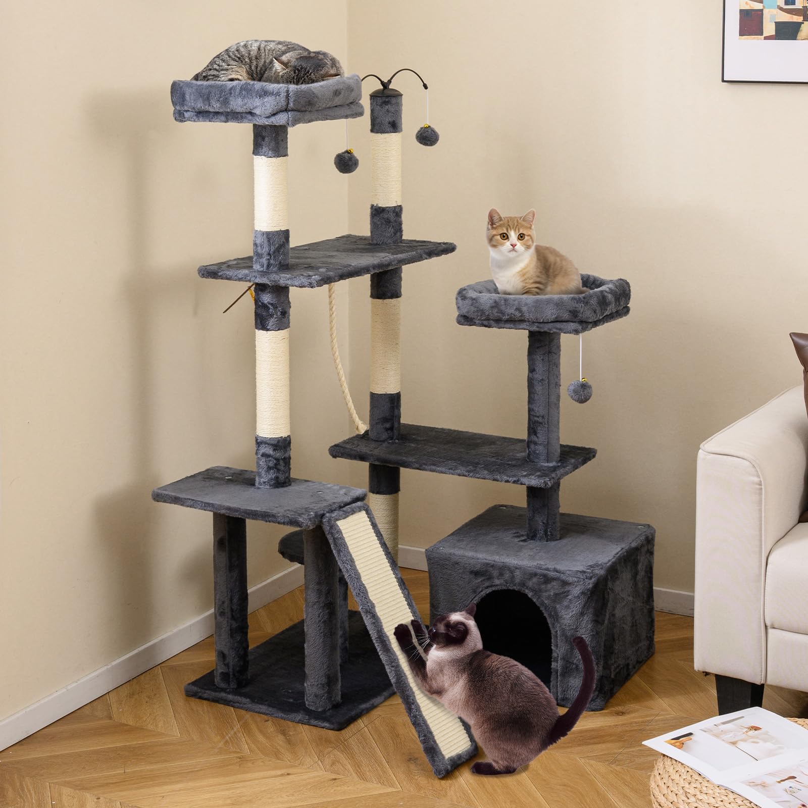 GYMAX Tiragraffi a 7 Livelli, Albero per Gatti in Legno con Casetta per Gatti e 2 Piattaforme, Albero Attività con Tronchi, Pannelli da Graffiare e Palline Gioco, Torre Tiragraffi (Grigio scuro)
