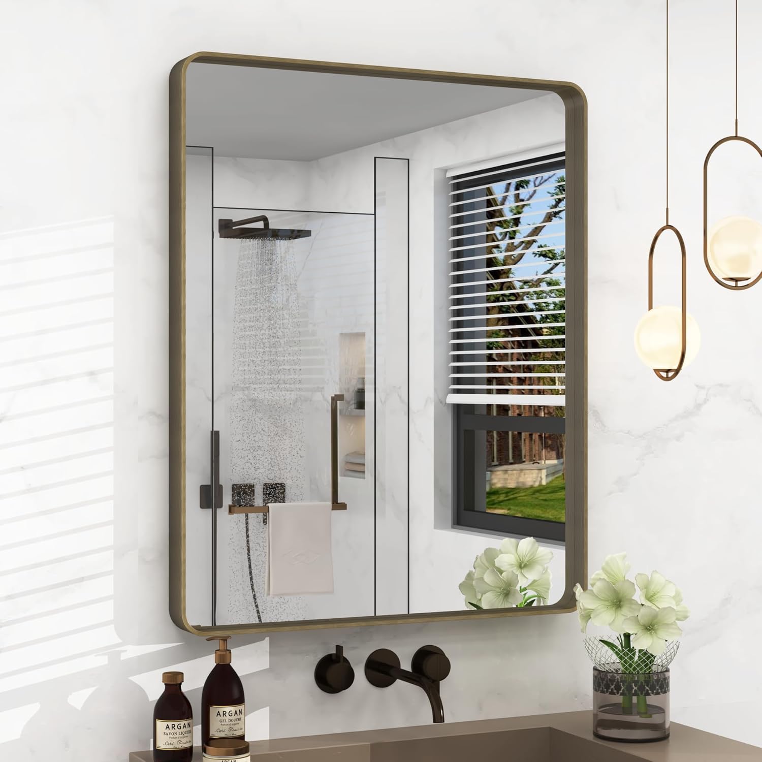 22x30 Bronze Bathroom Wall Mirror, Brushed Metal Framed Vanity Mirror for Wall, Rounded Rectangle Mirror for Modern Farmhouse Wall, Anti-Rust (Horizontal/Vertical) 30"L x 22"W Bronze
