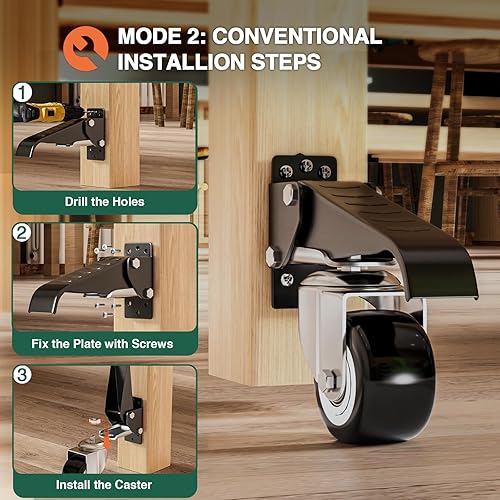 Miniatura 8 de Ruedas retráctiles para banco de trabajo con juego de placas de liberación rápida (4 unidades) con capacidad de carga de 600 libras, 2 opciones de