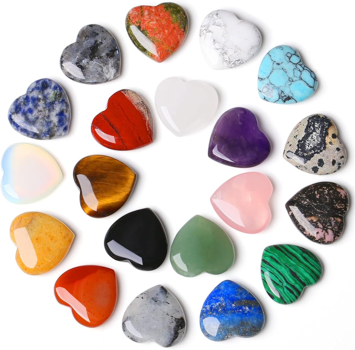YATOJUZI 20PCS Natural Crystals and Healing Stones Set Bulk Gifts Heart Gems Gemstones Crystal Hearts Polished Thumb Pocket Chakra Stone Amethyst Rose Quartz Reiki Christmas Gifts for Women Men 0.8"