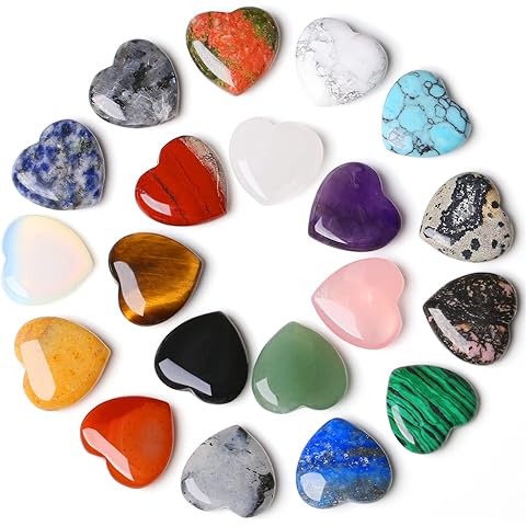 YATOJUZI 20PCS Natural Crystals and Healing Stones Set Bulk Gifts Heart Gems Gemstones Crystal Hearts Polished Thumb Pocket Chakra Stone Amethyst Rose Quartz Reiki Christmas Gifts for Women Men 0.8