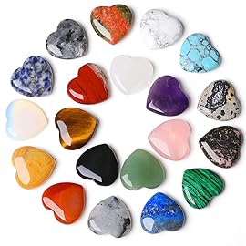 YATOJUZI 20PCS Natural Crystals and Healing Stones Set Bulk Gifts Heart Gems Gemstones Crystal Hearts Polished Thumb Pocket Chakra Stone Amethyst Rose Quartz Reiki Christmas Gifts for Women Men 0.8