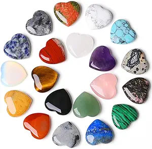 YATOJUZI 20PCS Natural Crystals and Healing Stones Set Bulk Gifts Heart Gems Gemstones Crystal Hearts Polished Thumb Pocket Chakra Stone Amethyst Rose Quartz Reiki Christmas Gifts for Women Men 0.8"