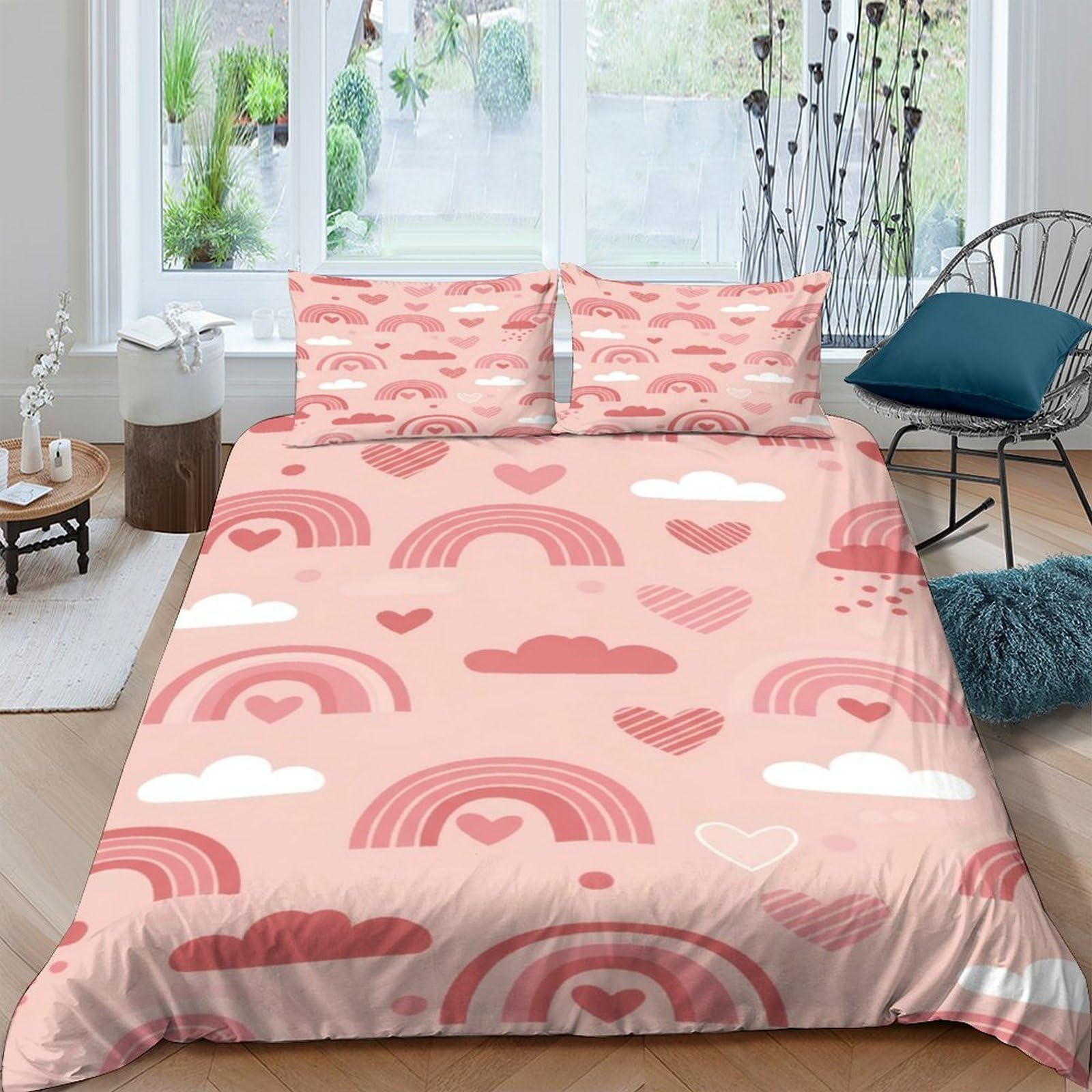 Ctjqhvkz Style-4 3D Printed Pink Rainbow Heart Fitted Sheet Microfiber Soft Breathable Cloud Bed Cover Bedroom Decor Easy Care Single（135X200cm）