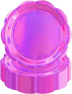 50 Pack Iridescent Pink Paper Plates 7 Inch, Hot Pink Holographic Disposable Scalloped Plates Cake Dessert Plate for Dinner Mermaid Disco Birthday Party Supplies