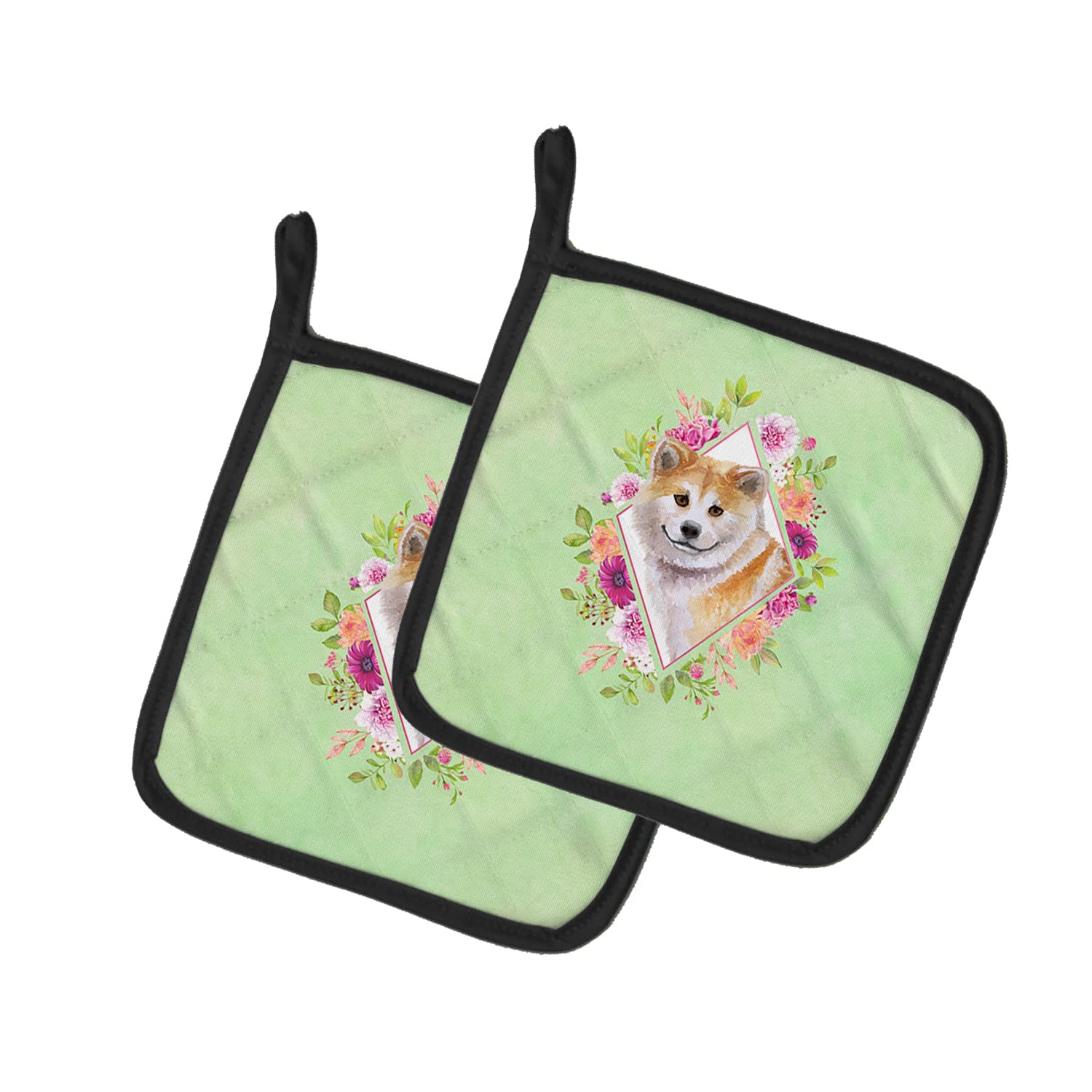 Caroline's Treasures CK4343PTHD Shiba Inu Grüne Blumen, 1 Paar Topflappen, Küche, hitzebeständige Topflappen, Ofen, heiße Pads zum Kochen, Backen, Grillen, 19 x 19 cm