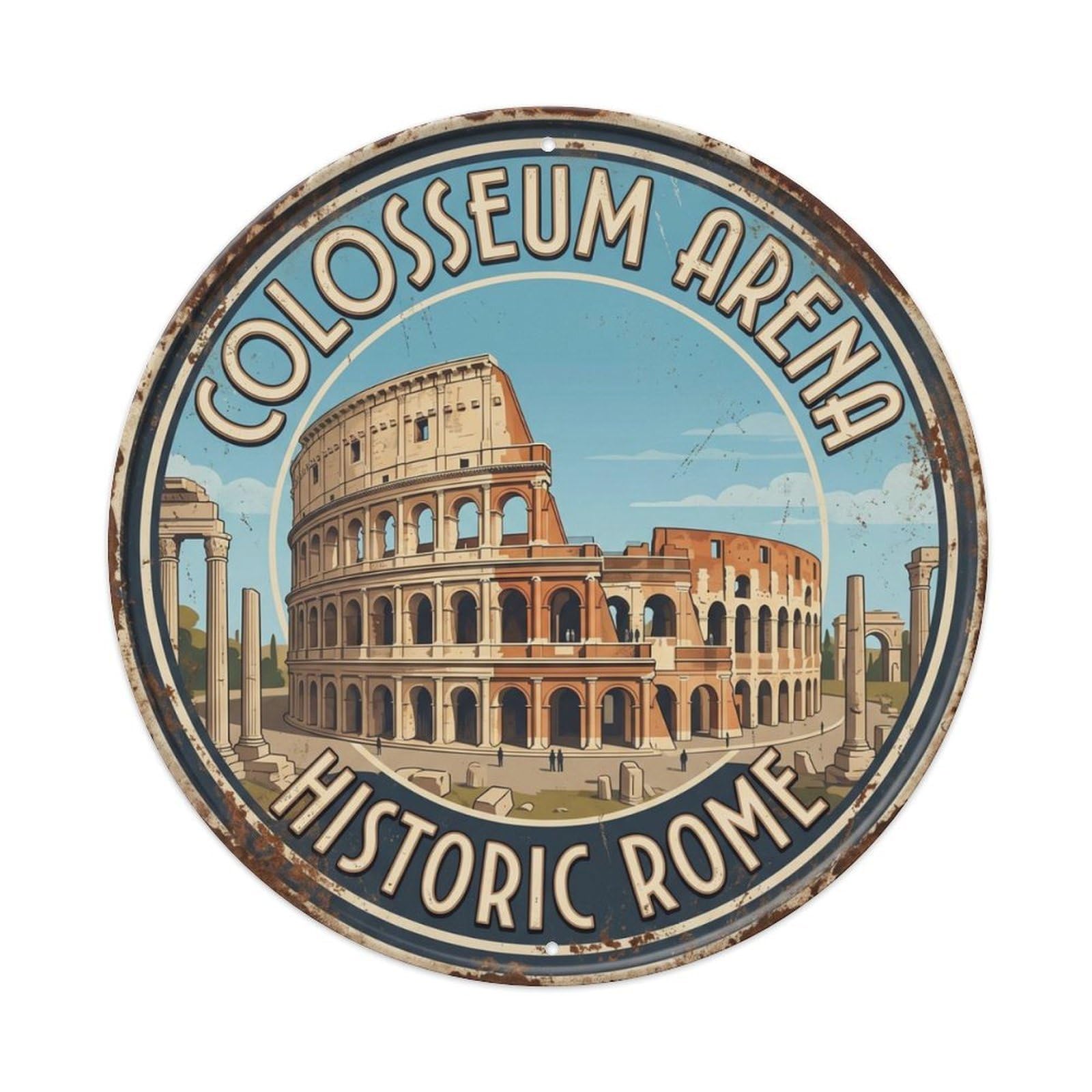 Colosseum Arena Historic Rome Landmark Metal Tin Sign Plaque Wall Decor for Cafe, Club Bar, Office, Home Garden Round Metal Poster 8x8Inch