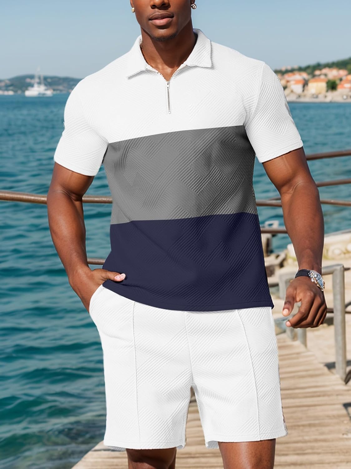 UOUA Mens Summer Track Suits 2 Piece Shorts Sets Short Sleeve Sweatsuit Outfits 1/4 Zip Golf Polo Splicing Striped Shirts - Image 2