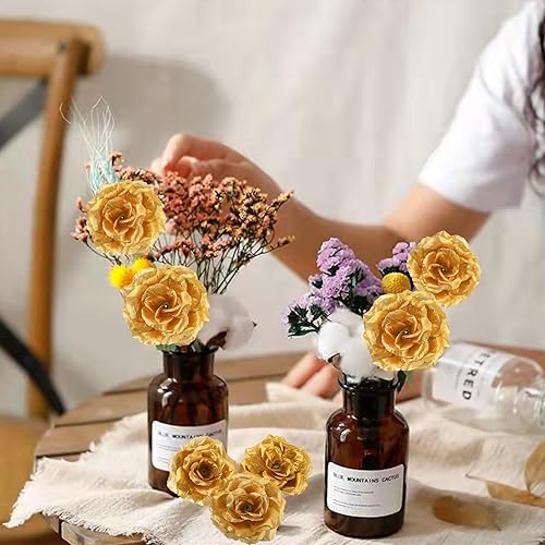 Miniatura 9 de Youeon 100 Pcs 3.5 Inch Gold Artificial Rose Heads with Stems, Silk Rose Faux Flower Heads Bulk for DIY Wedding Bouquets, Party Table Centerpieces,