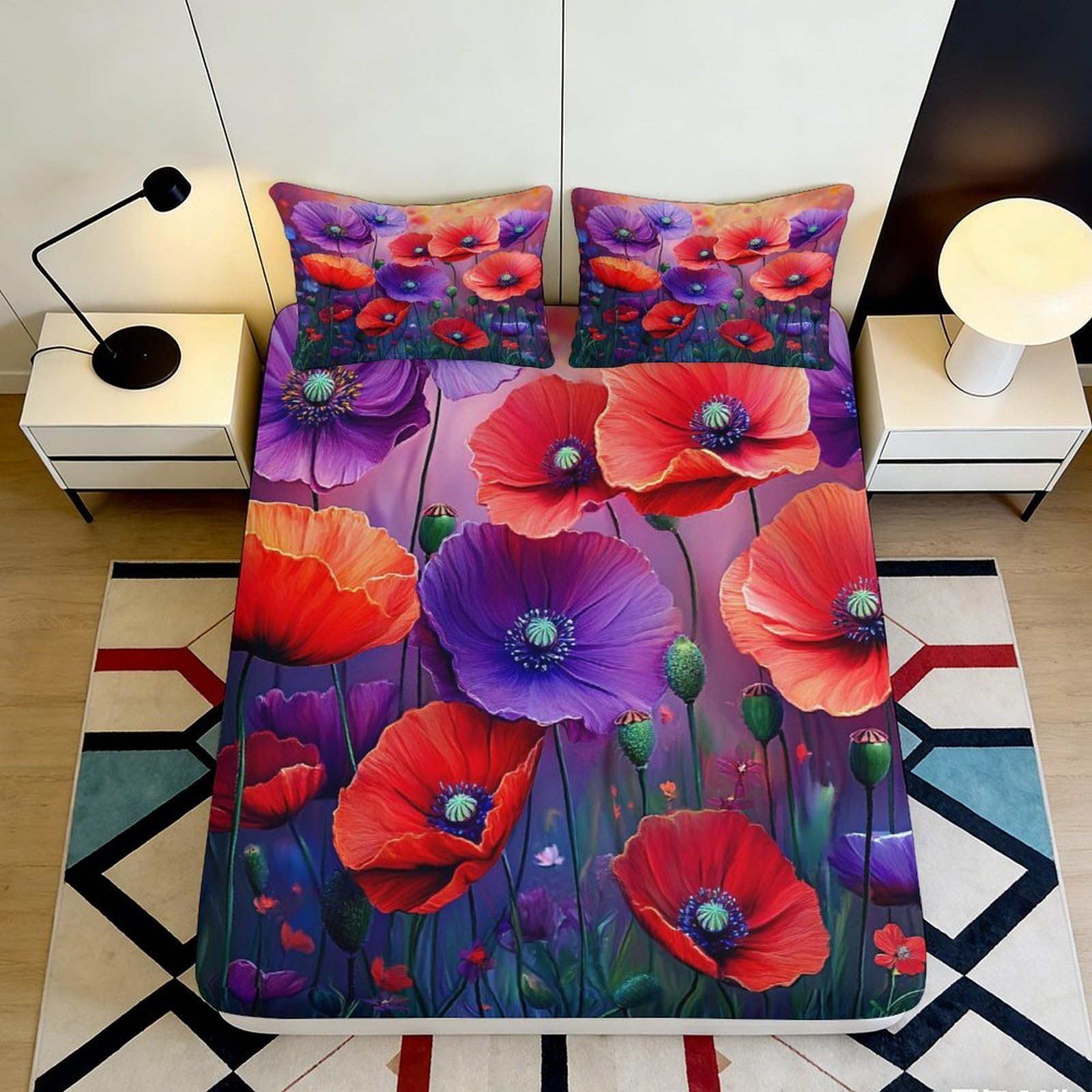 Pnayamiorkfel Style-6 3D Printed Red Poppy Flower Fitted Sheet Microfiber Purple Bloom Mattress Cover Non Slip Washable For Bedroom Guest Room 90X200x25cm
