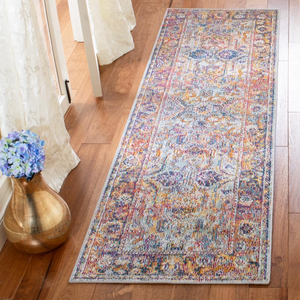 SAFAVIEH Crystal Collection Runner Rug - 2'2" x 7', Light Blue & Orange, Boho Chic Oriental Distressed Design, Non-Shedding & Easy Care, Ideal for High Traffic Areas in Living Room, Bedroom (CRS504A)