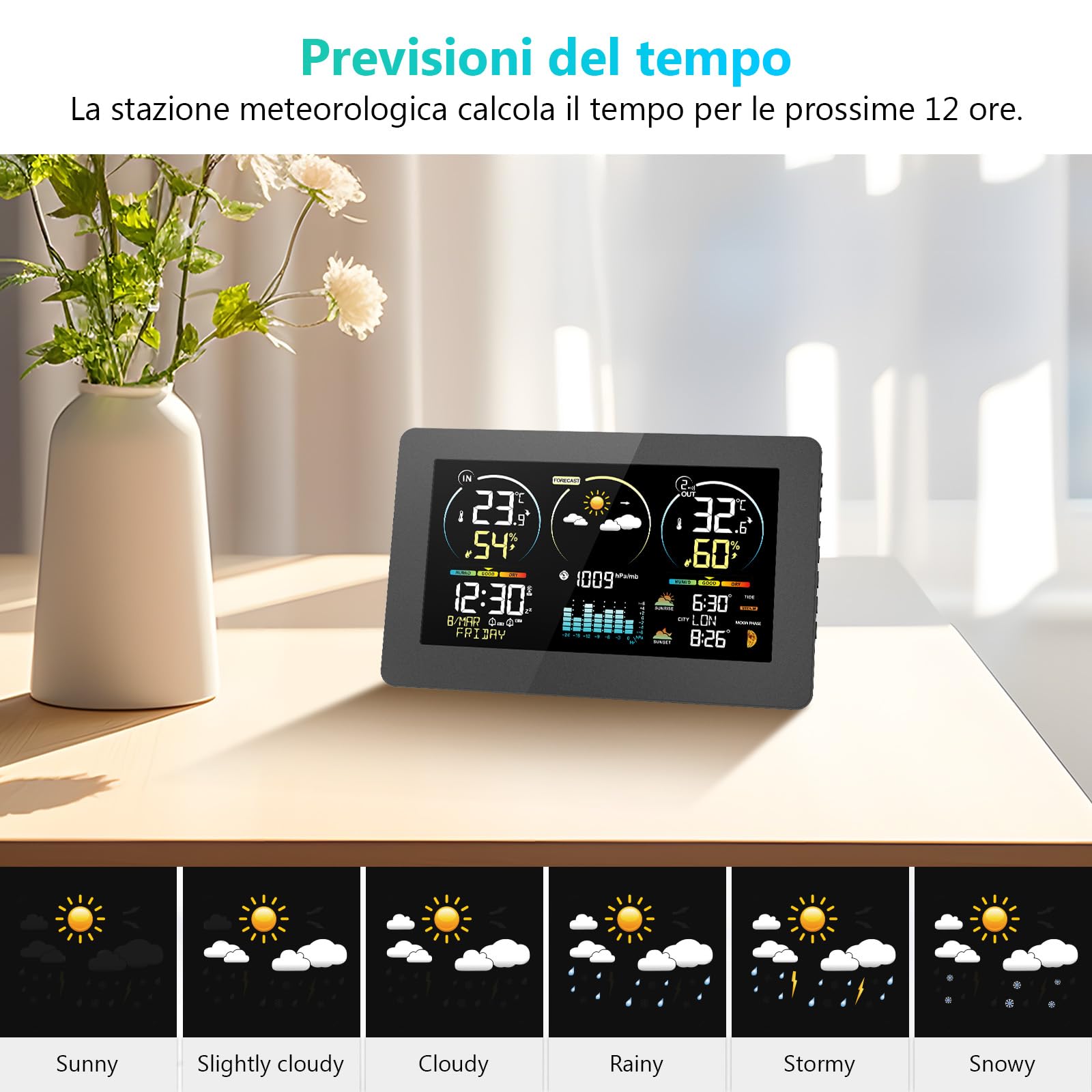 Stazione Meteo Digitale Senza Fili con Sensore Interno Esterno Termometro Orologio Atomico Monitoraggio Temperatura Umidità