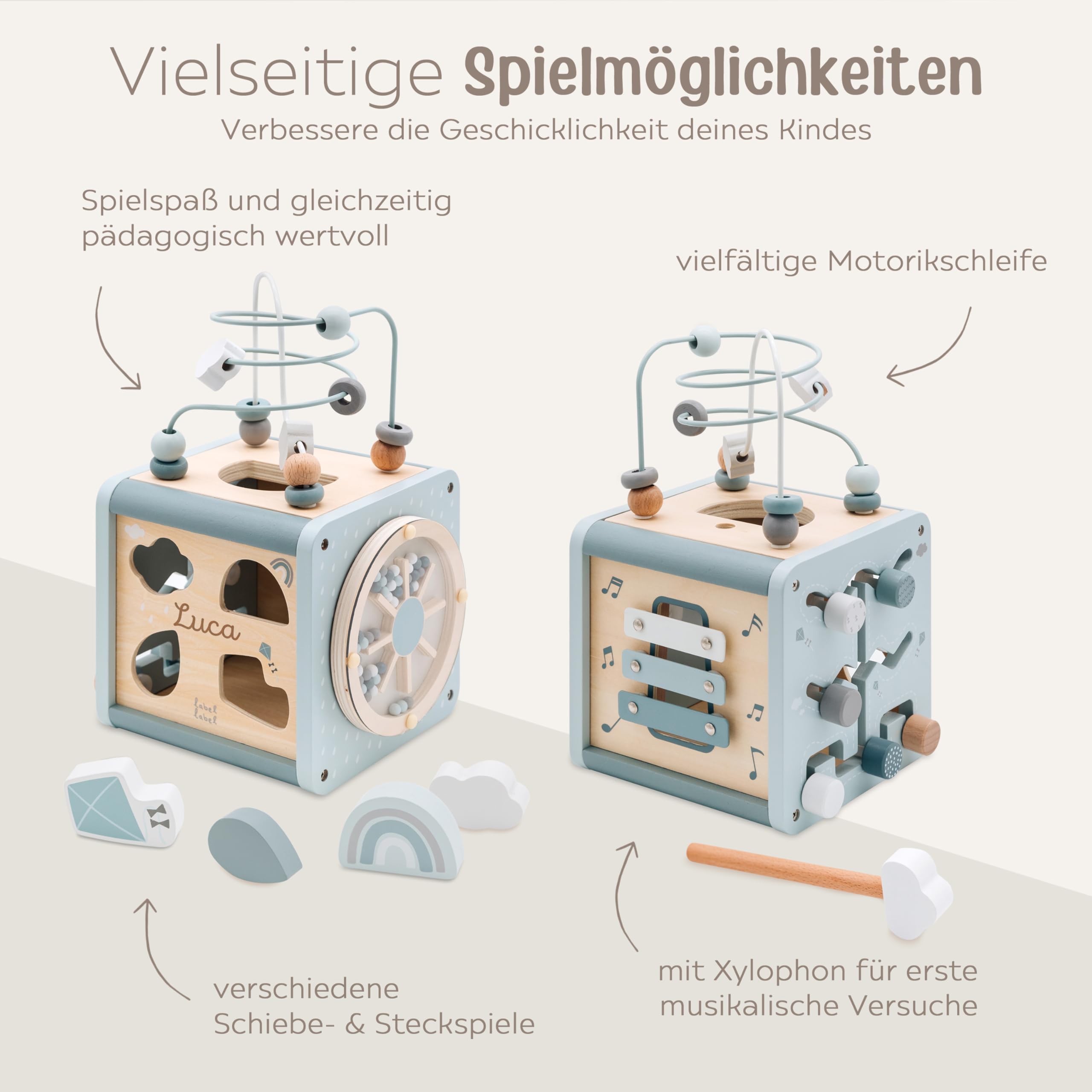 wunderwunsch - Personalisierter Motorikwürfel Holz - Montessori Würfel - Baby Motorikspielzeug ab 1 Jahr - Kinderspielzeug 18 Monate