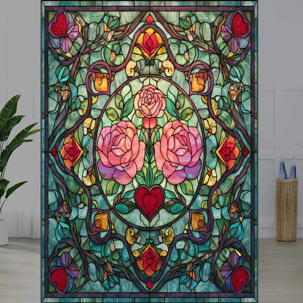 FOCCAFB Colorful Flowers Stained Glass Window Film, Abstract Rose Leaves Botanical Peel and Stick Privacy Film, Frosted Adhesive Vinyl Decorative for Bathroom Windows Glass Doors, （80x140cm）