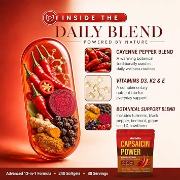 Capsaicin Softgels, Capsaicin Supplements, Capsaicins Powder, Cayenne Pepper Softgels Capsules, with Vitamin D3 + K2, Beetroot, Grape Seed and Other Extracts, 240 Capsules (1 PCS)
