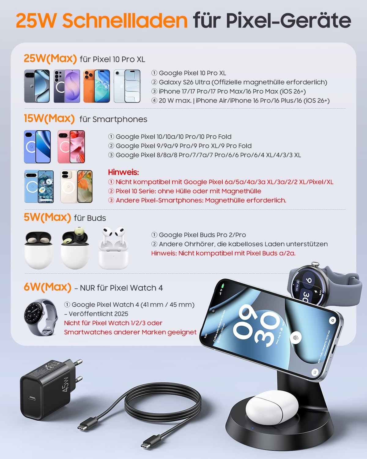 Meifigno 25W 3 in 1 Induktive Ladestation für Google Pixel Watch 5 & 4