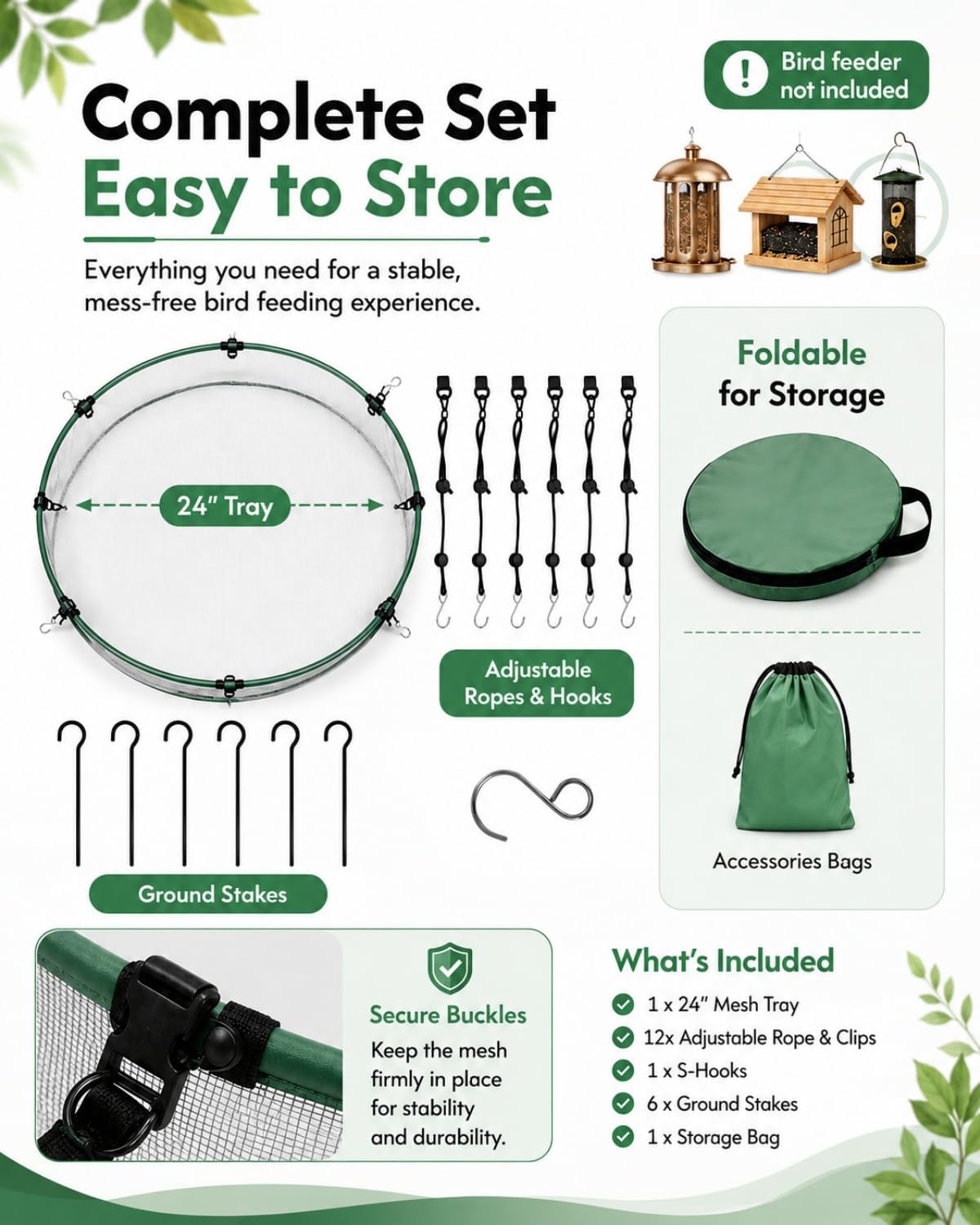 Bird Seed Catcher Tray for Outdoor Hanging Feeders, 24" Large Upgraded Anti-Flip Feeder Tray with Complete Accessories, 4" Deep Windproof Platform to Catch Dropped Seeds, Fits Most Bird Feeders image 4