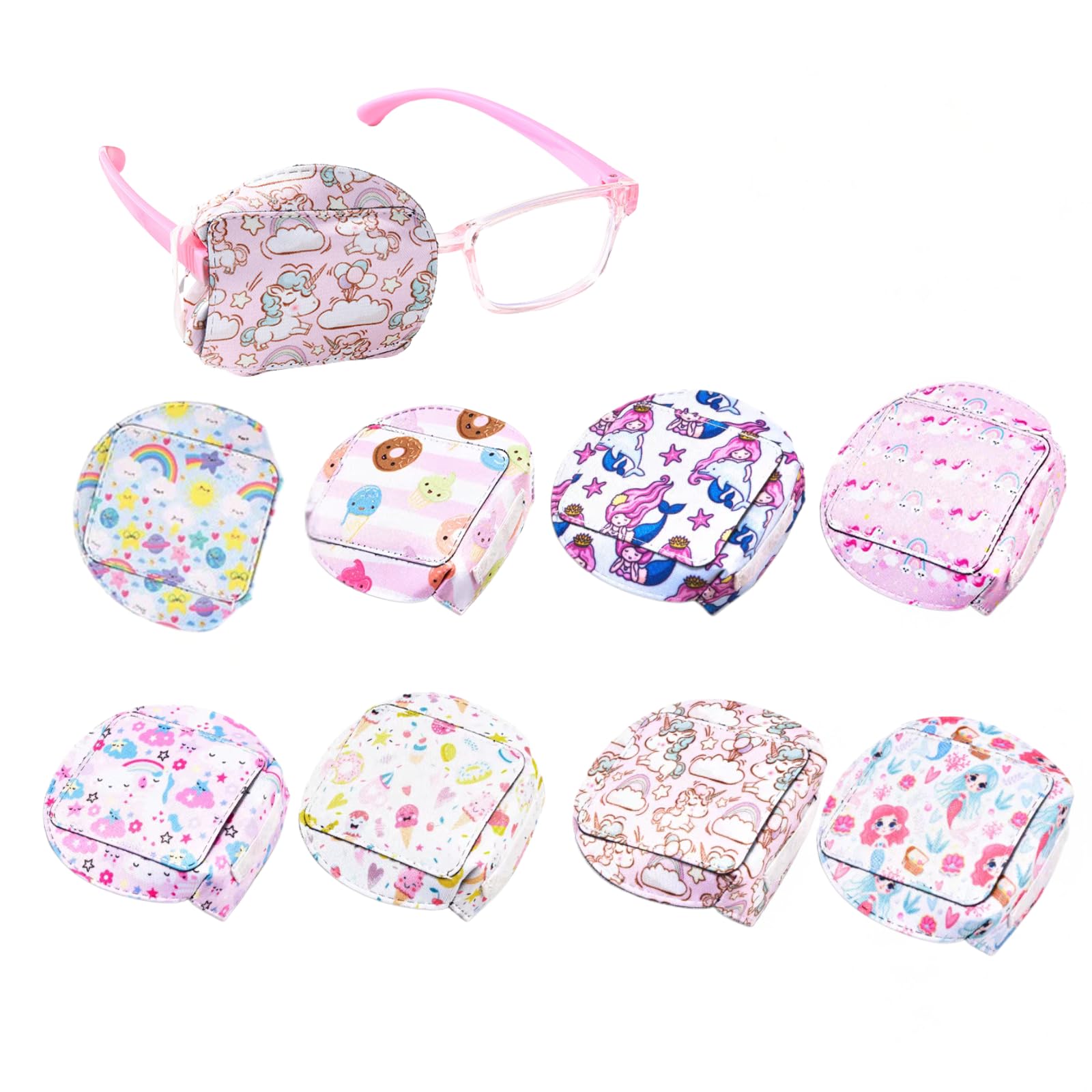 アイパッチ 子供 キッズ 用 8枚入り - 360°完全遮光 安全 肌に優しい 柔らかい 素材 呼吸できる 左右兼用 繰り返し洗える かわいい キャラクター デザイン メガネの上からも使える 男の子 女の子