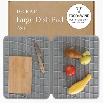Dorai Home Dish Pad - Collapsable Stone Dish Drying Mat with Diatomaceous Earth for Quick Drying - Ultra Absorbent - Encased in Silicone - Eco-Friendly, Foldable - Large 24.6" x 16.5", Ash