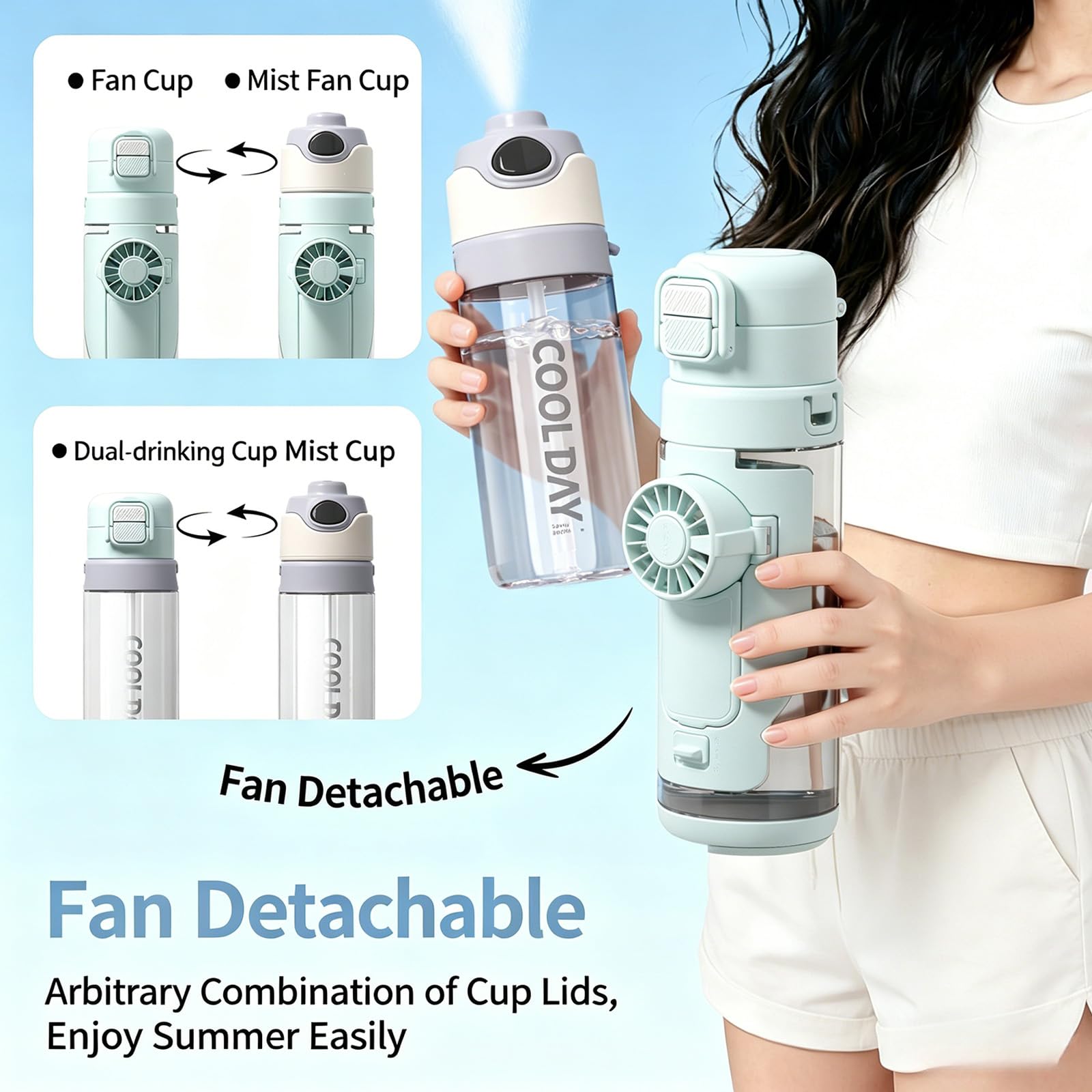 PANGBOER Botella de hidratación portátil con tapa de liberación rápida y recipiente de agua con ventilador para exteriores, aventura, botella deportiva aislada