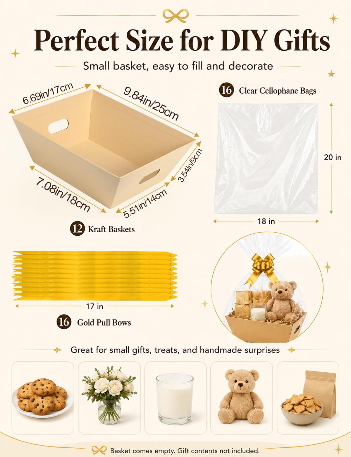 Set di 44 cesti regalo vuoti, 12 cestini per regali, vuoti, con manici, 16 sacchetti in cellophane e 16 fiocchi, per Natale, Ringraziamento, Pasqua, compleanno, festa di nozze, 25 x 17 x 7 cm