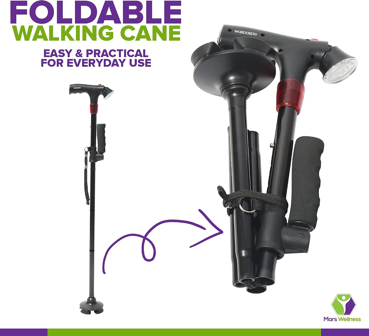 Premium Travel Lightweight Folding Walking Cane with LED Flashlight - SOS Alarm - W/Non Slip Flexible Cane Tip & Extra Handle