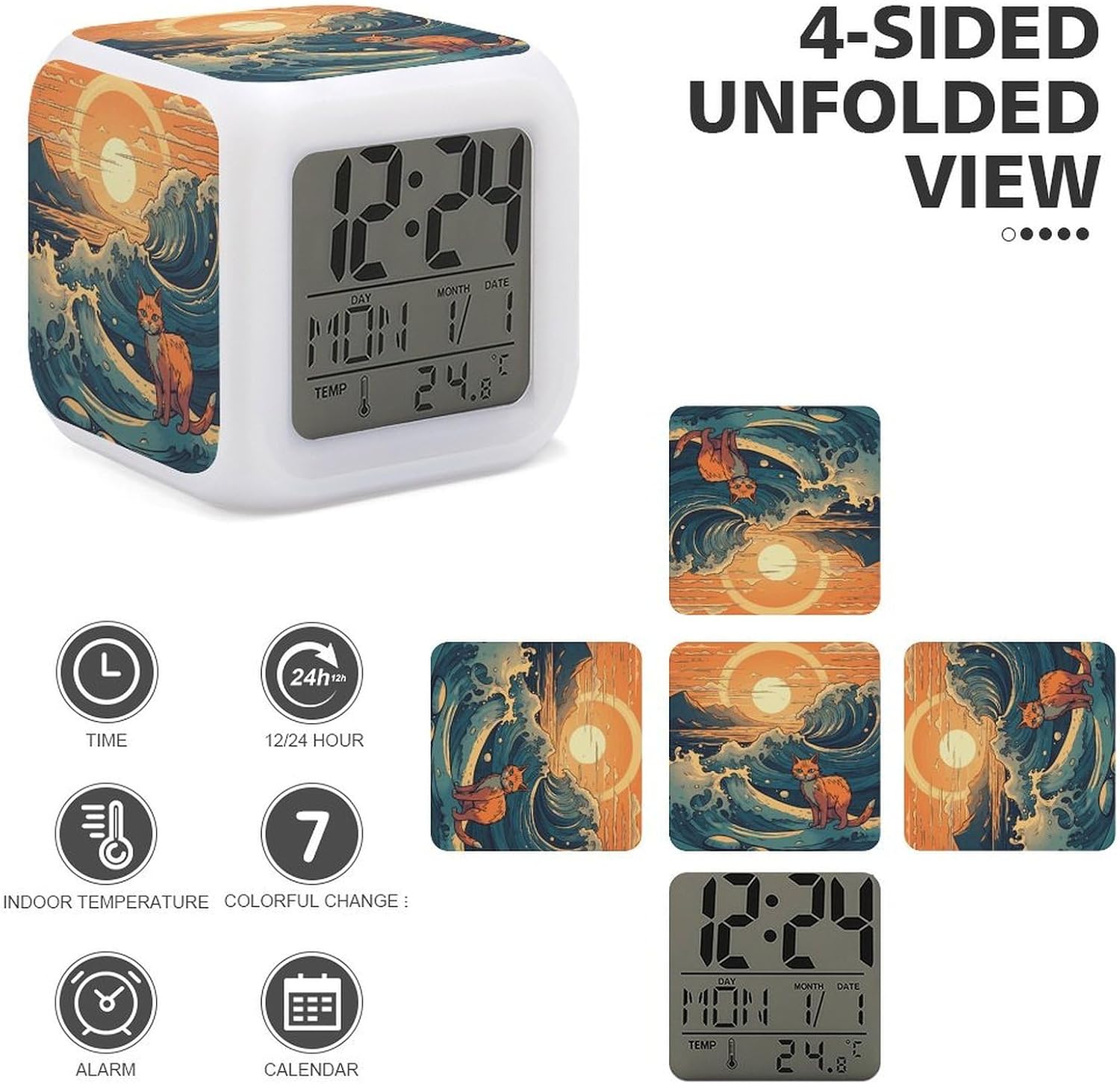 Anime Style Cat Alarm Clocks LED Digital Clock with 7 Colors Changing 3" Cube Wake Up Clock with Temperature Snooze Silent Night Light Battery Operated Beside Lamp for Bedroom Decor image 3