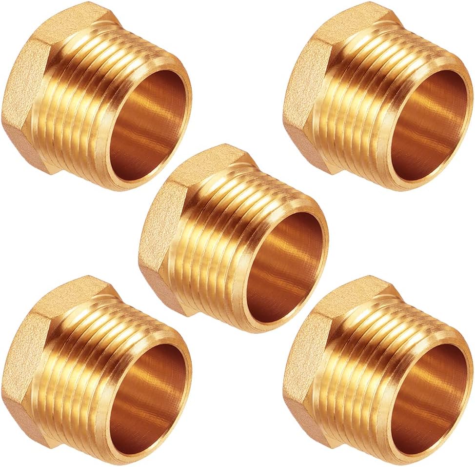 Uenede 5PCS Brass Garden Hose End Plug 3/4" GHT Male Thread Spigot Outer Hex Plug