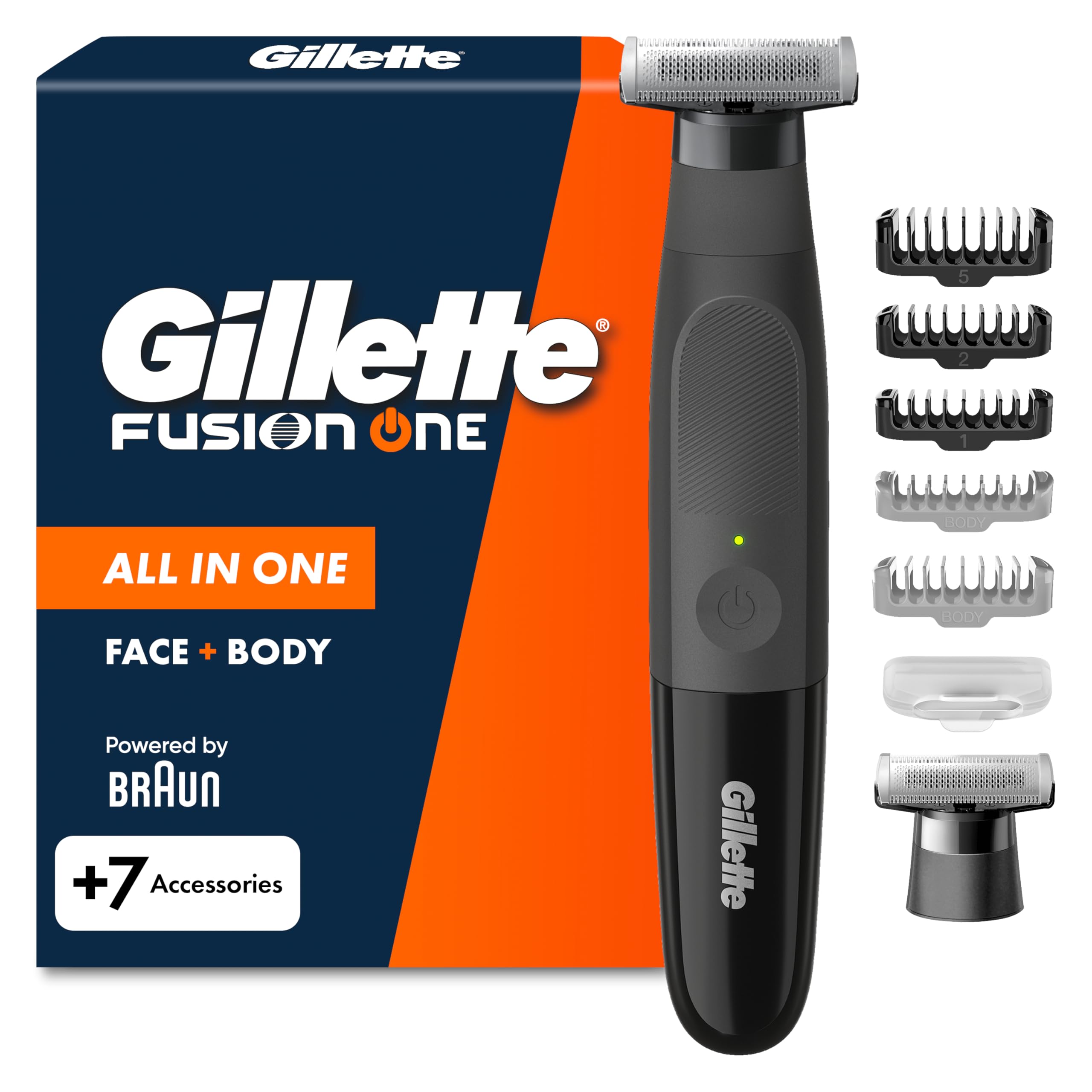 Gillette Fusion One Rasoio Elettrico Uomo Barba e Corpo, 3 Pettini Barba (1,2,5mm) e 1 Pettine Corpo, Testina Oscillante, Lama Ricambio, Impermeabile, Senza Fili, 45 Min Autonomia, Tecnologia Braun