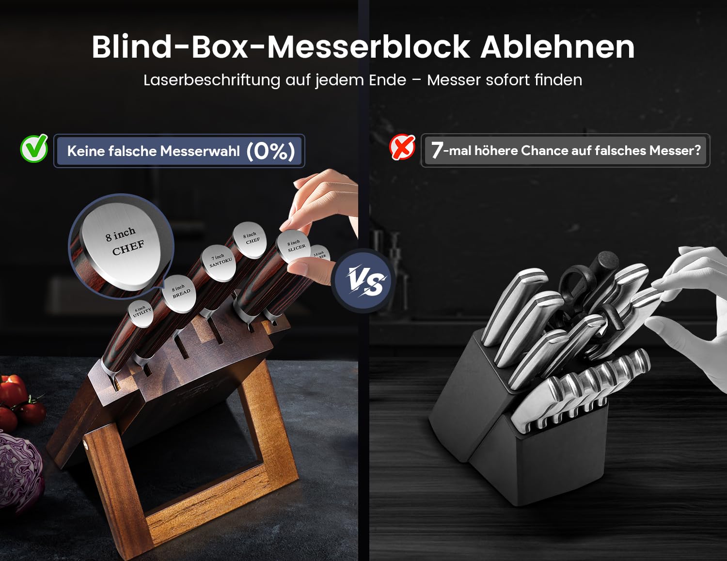 SYOKAMI Messerset 7-teiliges Küchenmesser-Set im japanischen Stil mit faltbarem magnetischem Akazienholzblock, scharfer Karbonstahl für die Küche mit rutschfestem ergonomischem Griff