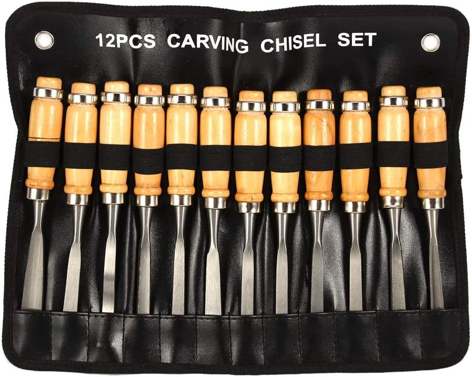 12-Piece Wood Carving Chisels Set 8" Hardened Steel Blades - Professional Woodworking Tools with Roll-Up Case for Artists and Woodworkers