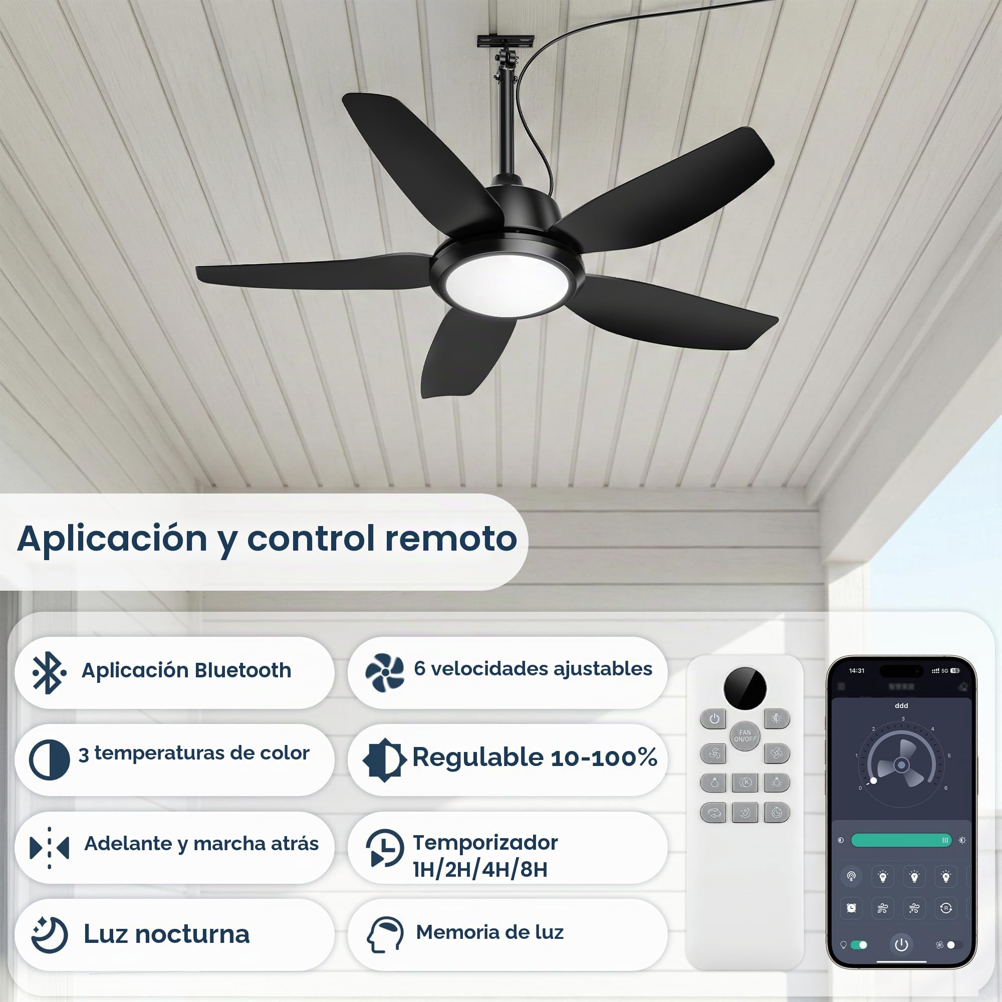 Ventilador de Techo Exterior de 106,7 cm con Luces, Resistente al Agua IP65, Control APP y Remoto, LED 3CCT Regulable, Motor DC Silencioso de 6 Velocidades, Ventilador Colgante para Gazebo, Enchufe