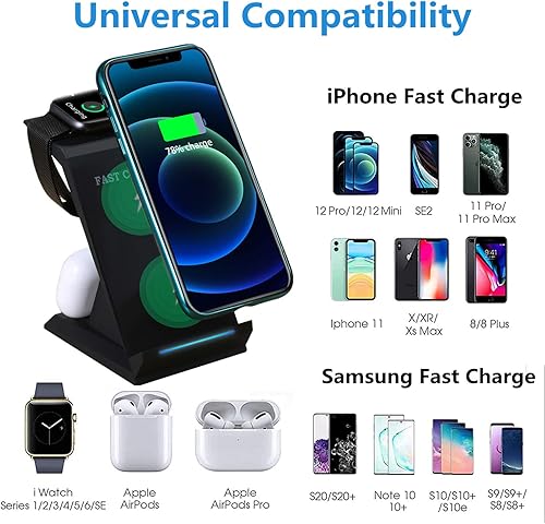 Miniatura 5 de Cargador inalámbrico Apple, estación de carga rápida 3 en 1 de 15 W, cable tipo C, compatible con iPhone 12Pro11X8, Apple Watch, Airpods, Samsung