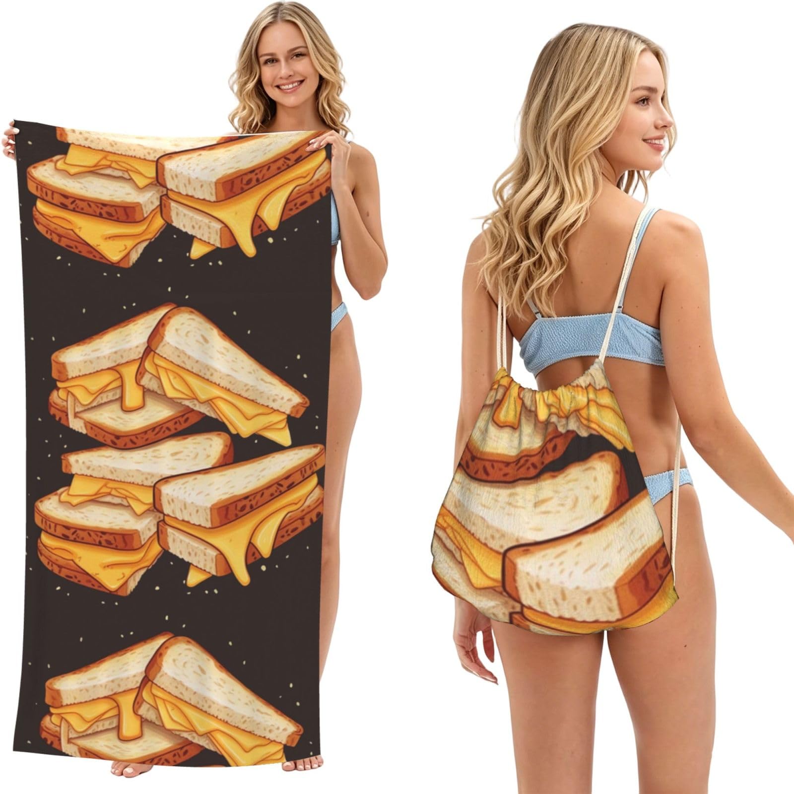 Poadnly As Picture Cheese Sandwiches Print, 2 In 1 Packable Towel Bag, Beach Towels With Drawstring Backpack For Travel Holiday Camping