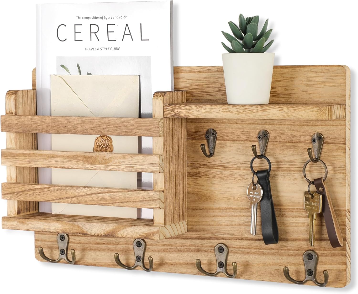 Nekon Mail Holder for Wall Mail Organizer with Key Hooks Hallway Farmhouse Decor Storage Racks with Floating Shelf and Flush Mount Hardware (16.8Inch x 10Inch x 3.2Inch)