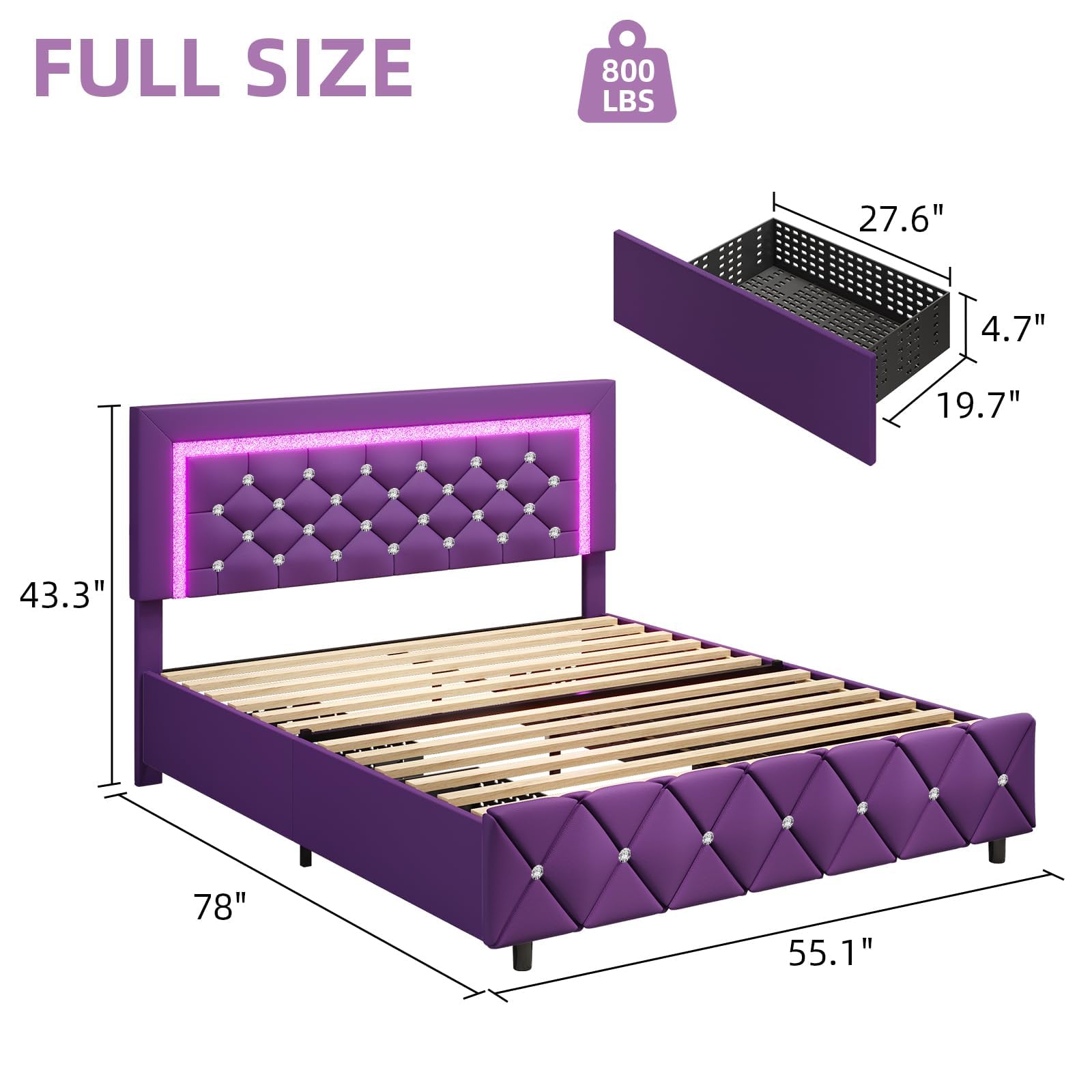 BarnFurin Full Size Bed Frame with Headboard, Faux Leather Upholstered Bed with Diamond Tufted Design, Mordern Bed Frame with Wooden Slats Suppor, No Box Spring Required, Easy Assembly, Purple
