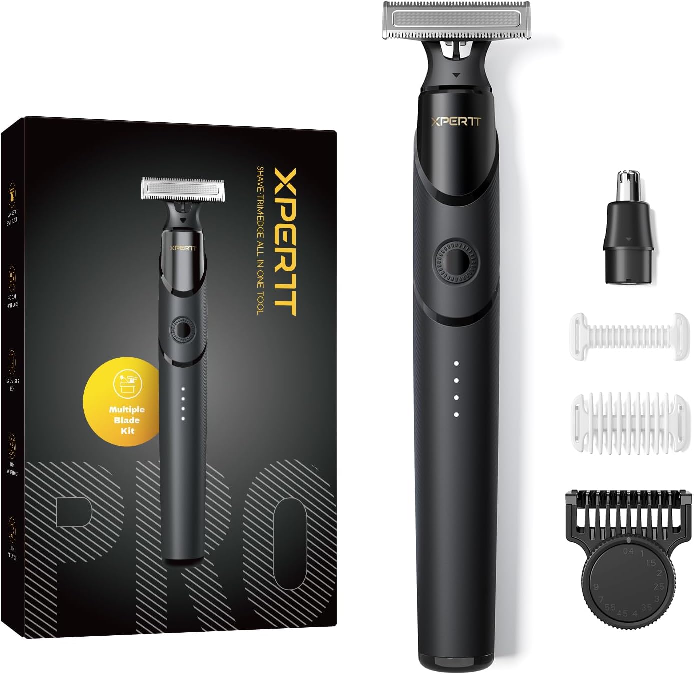 Xpert T Electric Razor & Beard Trimmer for Men, All-in-One Groomer, 12-in-1 Comb, 2 Body Kits, Nose Trim Head for Edges, Face, Body, Black