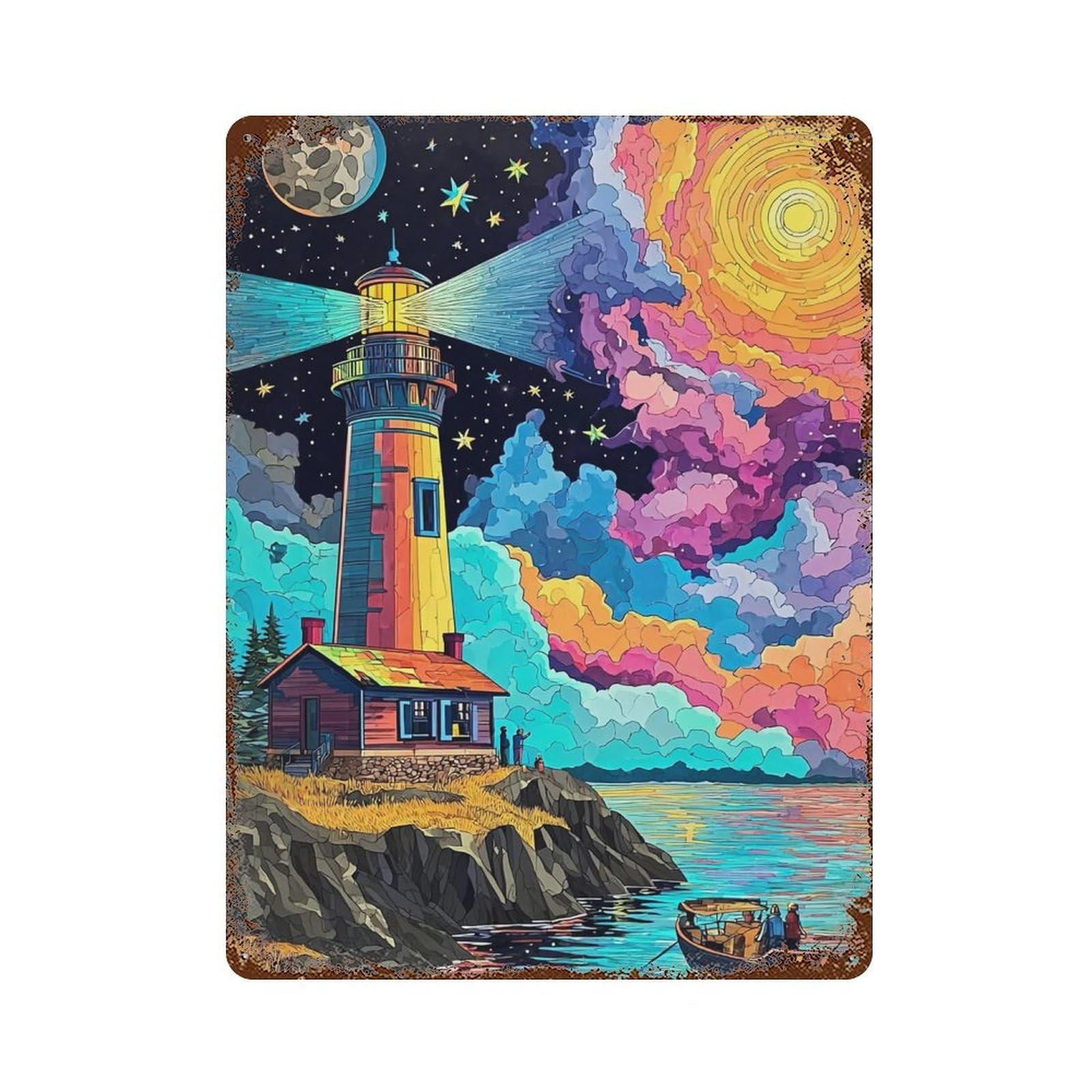 Garage Style Colorful Lighthouse Sunset Scene Weathered Tin Sign 15.7"x11.8", Shabby Chic Decor for Bar And Workshop