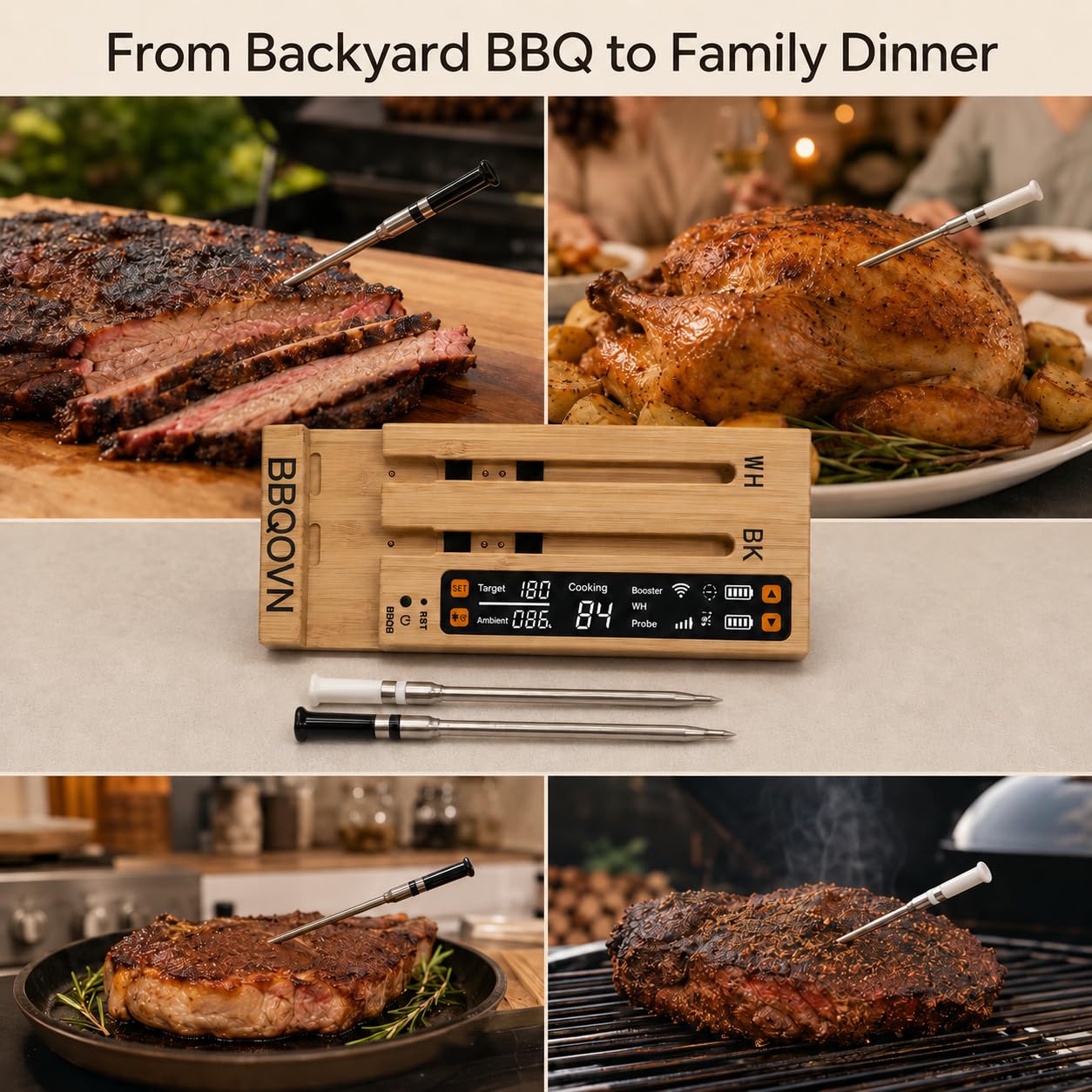 BBQOVN WiFi Sub-1G Wireless Fleischthermometer Unbegrenzte Reichweite 7 NIST Zertifizierte Sensoren mit Umgebungstemperatur 2 Temperaturüberwachungsmöglichkeiten Digital Smart Base und App für BBQ