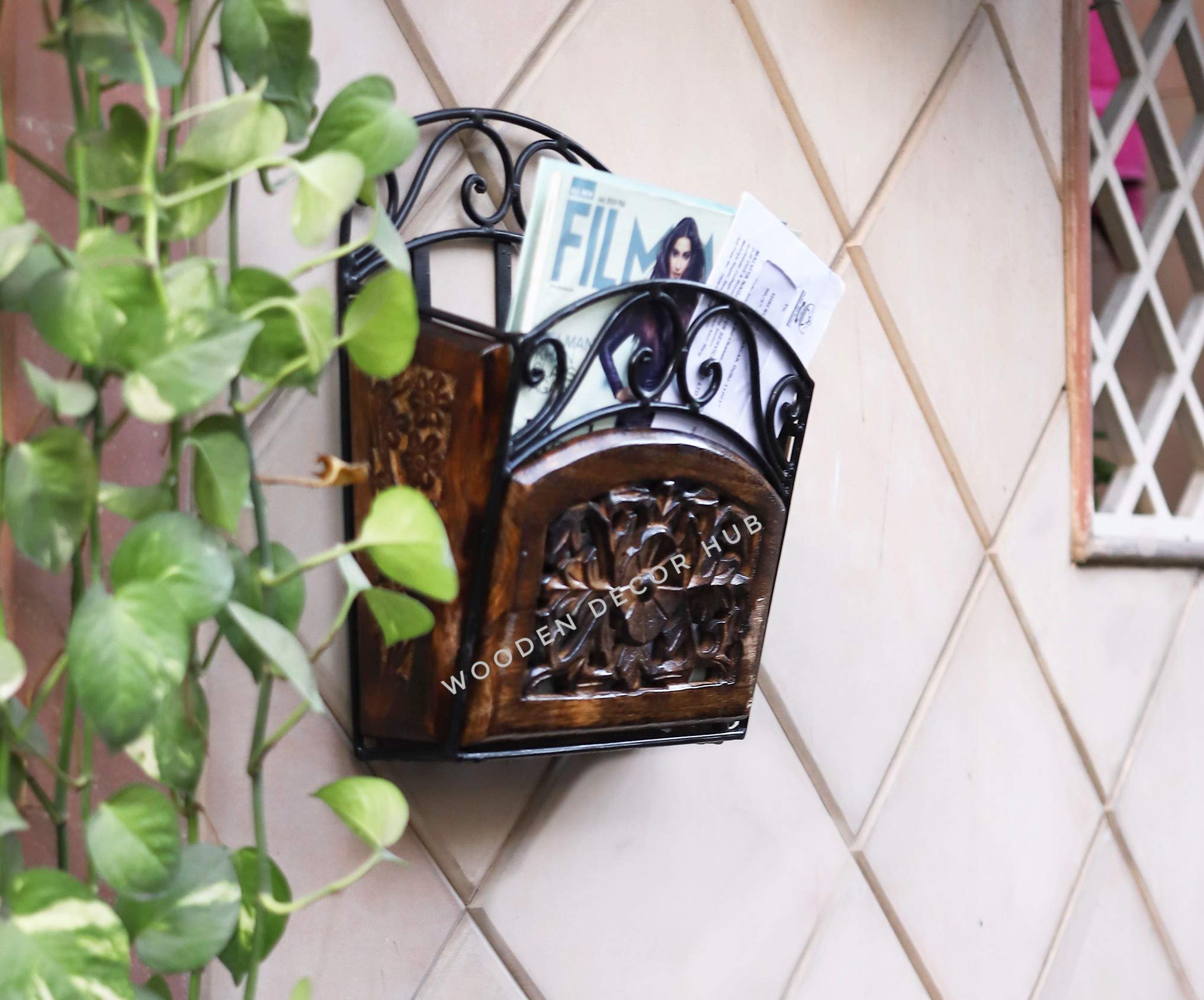 Wooden Decor Hub Wooden and Iron Wall Mount Magazine Rack/Holder - Space-Saving Elegance Black