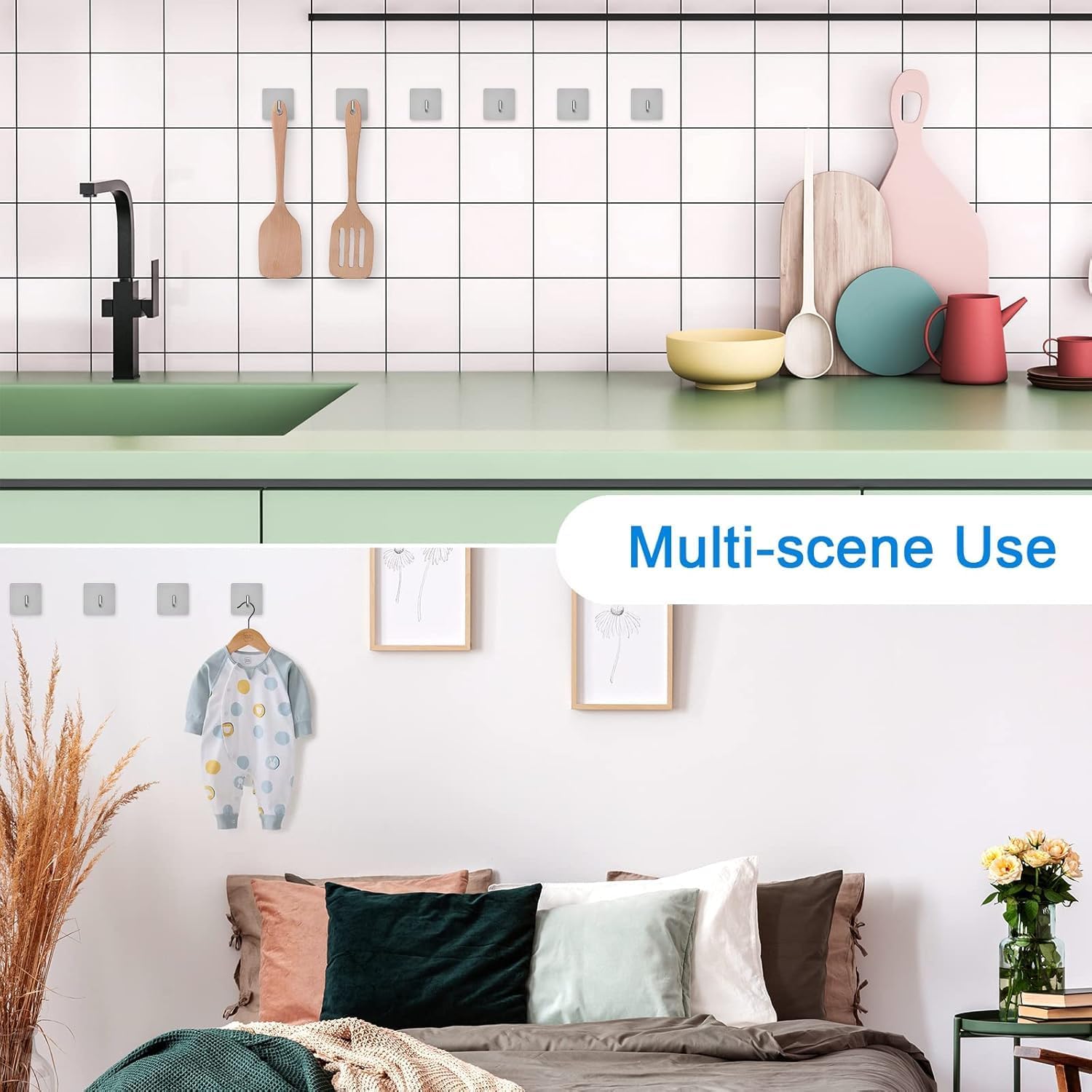 6 PCS Adhesive Wall Hooks Heavy Duty, 304 Stainless Steel Self Adhesive Hooks for Bathroom Kitchen, No Drilling Wall Mount Coat Hooks for Towels, Keys, Robes – Brushed Silver